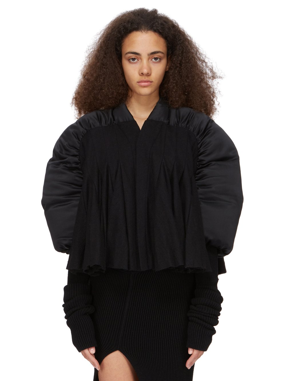 RICK OWENS FW23 LUXOR RUNWAY DUVETESSA CROPPED IN BLACK SILK CHARMEUSE AND SOFT WOOL FLANNEL