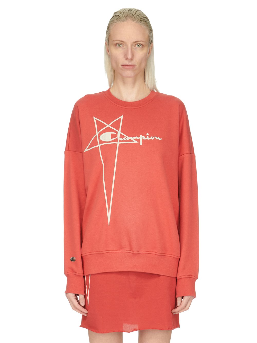 CHAMPION X RICK OWENS PULLOVER SWEAT IN CARNELIAN RED COMPACT COTTON FELPA