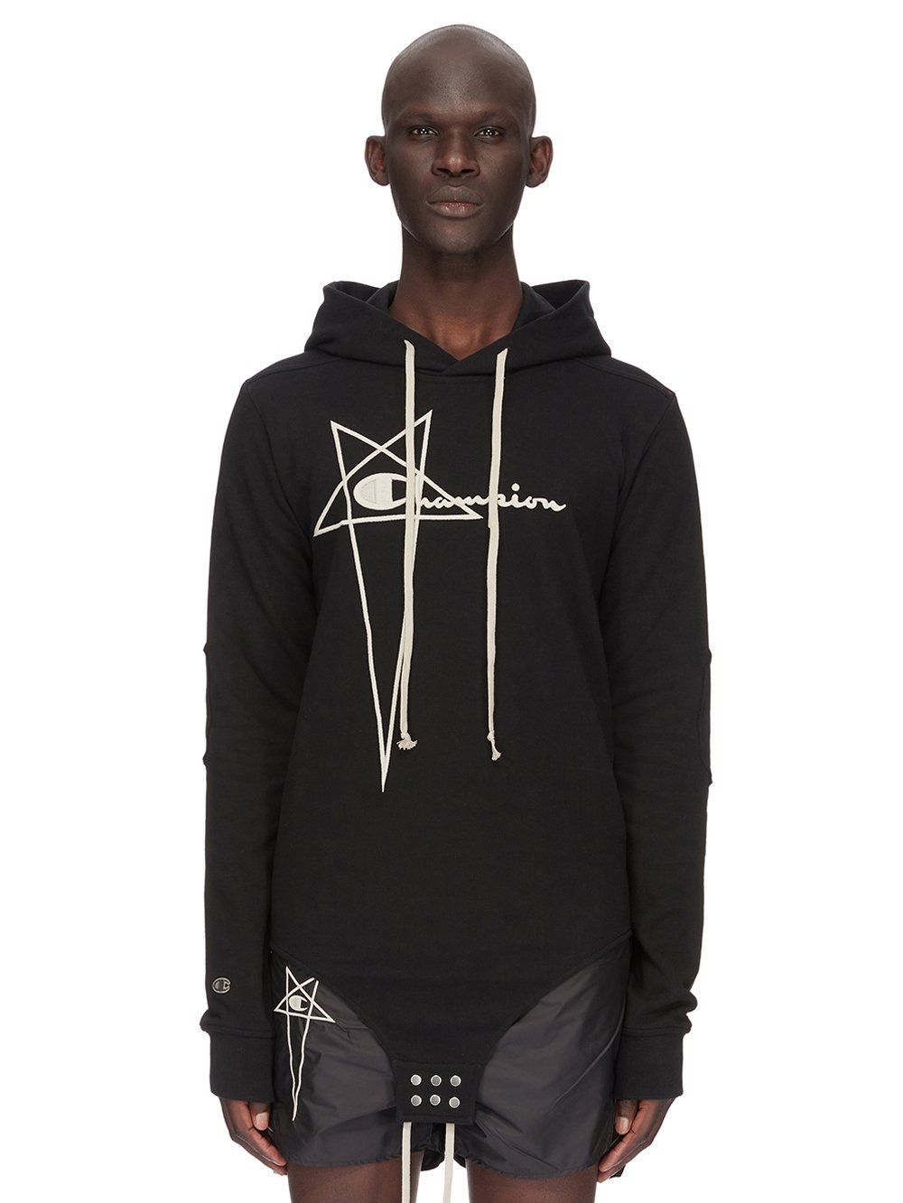 CHAMPION X RICK OWENS HOODED BODY IN BLACK COMPACT COTTON FELPA