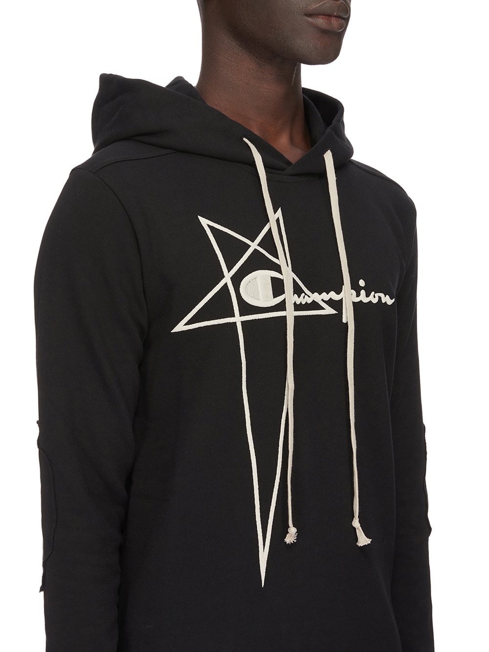 CHAMPION X RICK OWENS HOODED BODY IN BLACK COMPACT COTTON FELPA