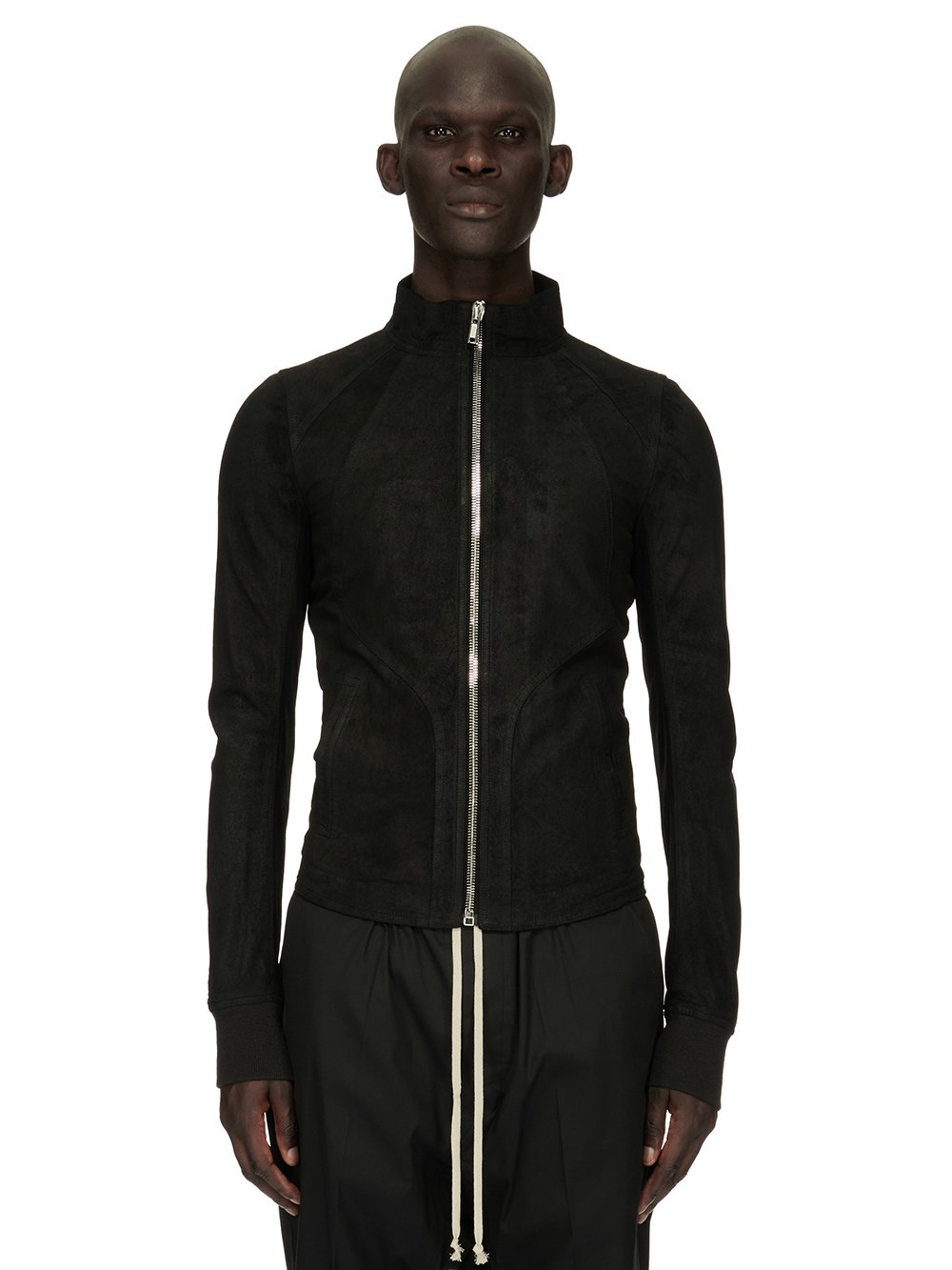 RICK OWENS FOREVER INTARSIA HIGH NECK JACKET IN BLACK BLISTER LAMB LEATHER