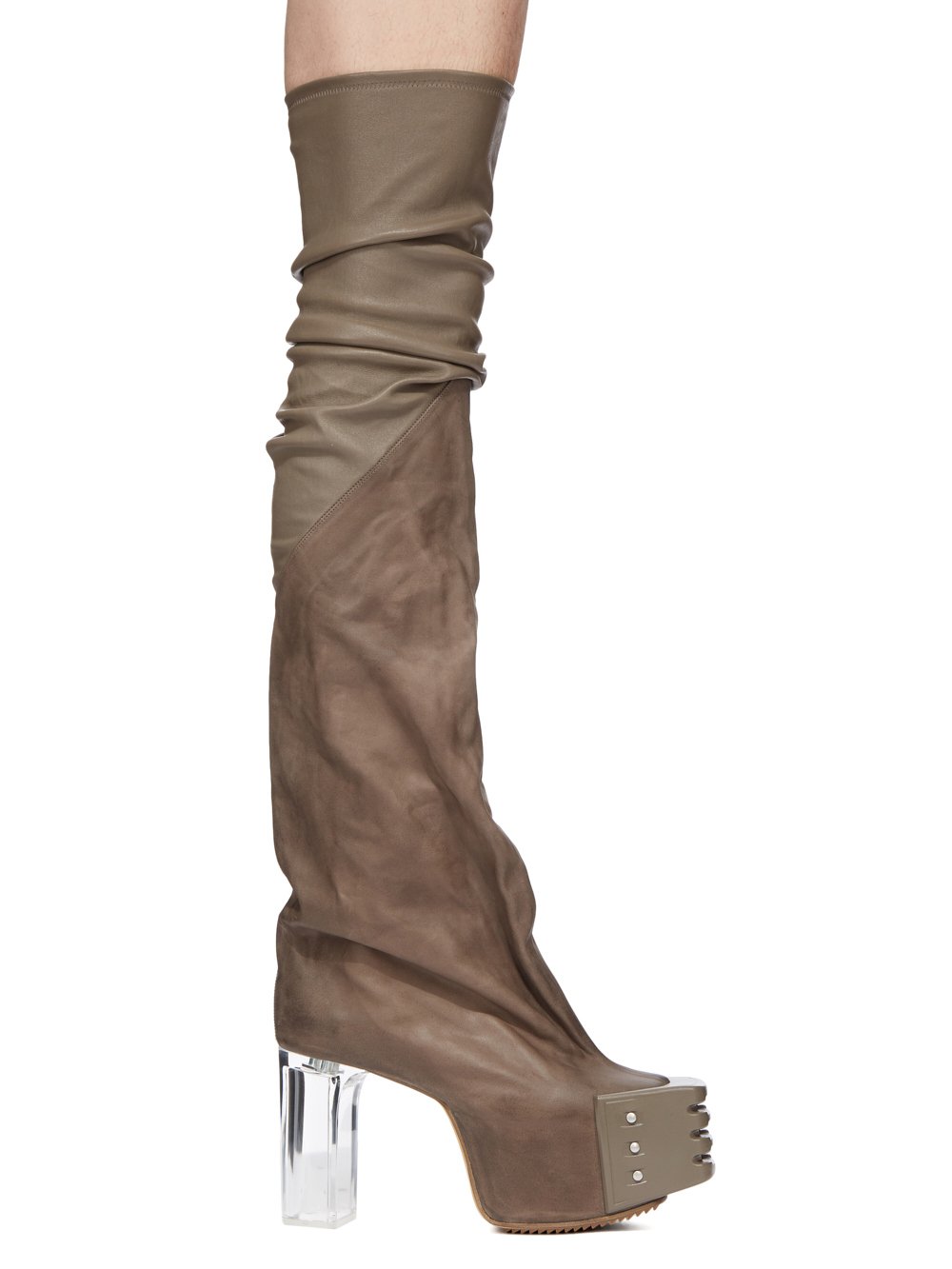RICK OWENS FW23 LUXOR RUNWAY FLARED PLATFORMS 45 IN DUST STRETCH LAMB LEATHER AND GREYWOLF NUBUCK 