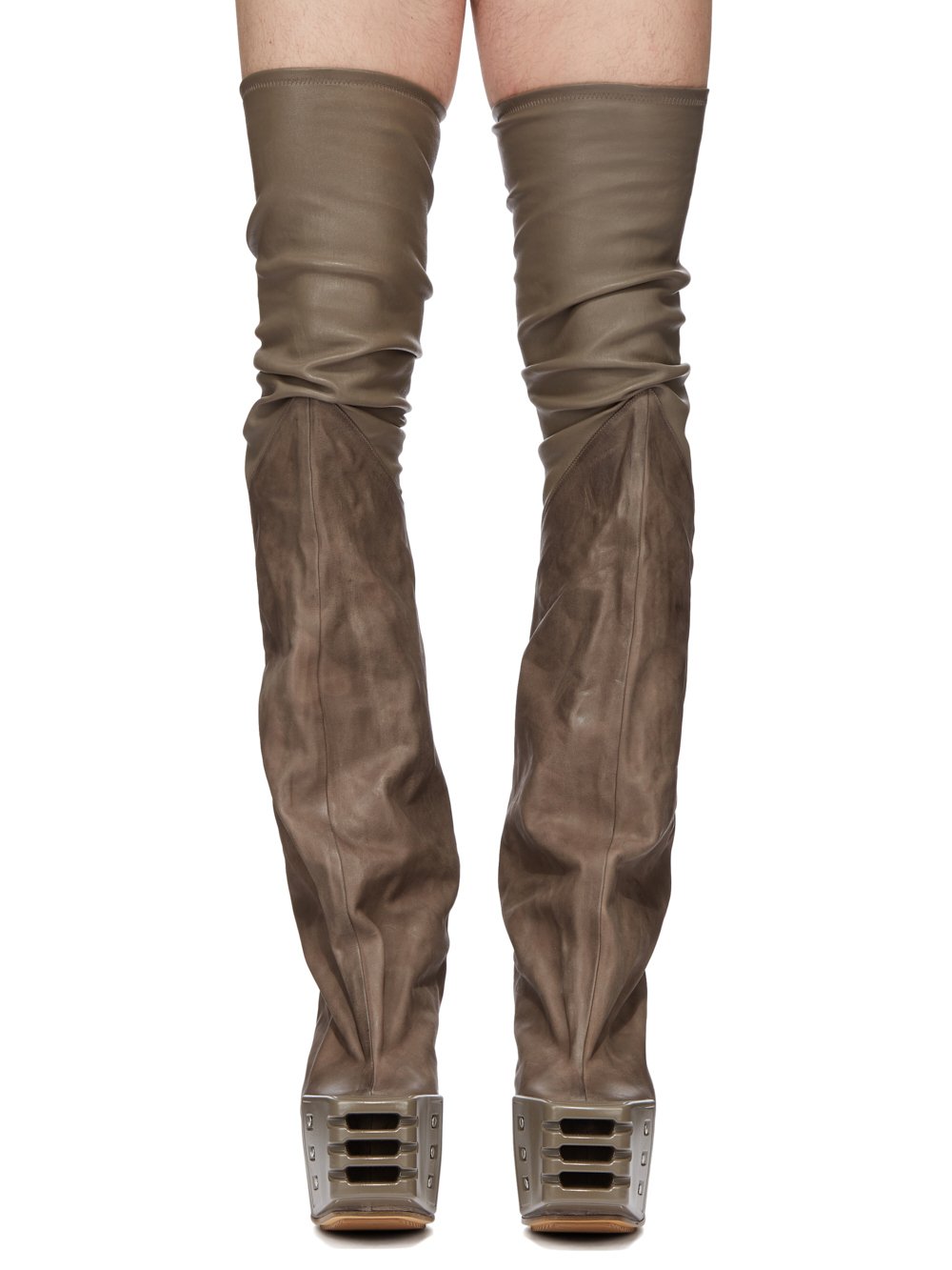 RICK OWENS FW23 LUXOR RUNWAY FLARED PLATFORMS 45 IN DUST STRETCH LAMB LEATHER AND GREYWOLF NUBUCK 