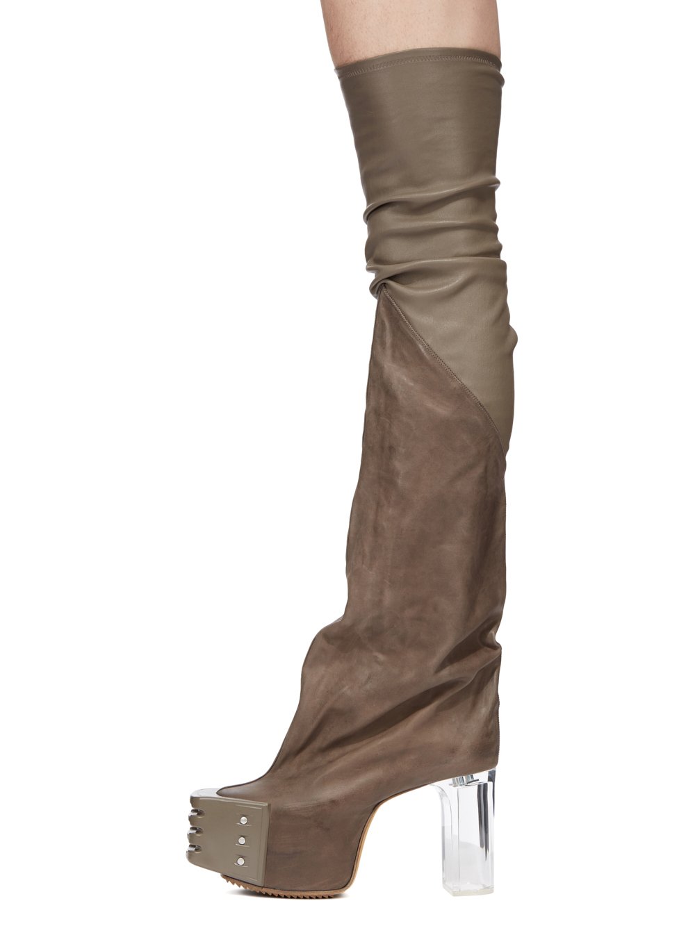 RICK OWENS FW23 LUXOR RUNWAY FLARED PLATFORMS 45 IN DUST STRETCH LAMB LEATHER AND GREYWOLF NUBUCK 