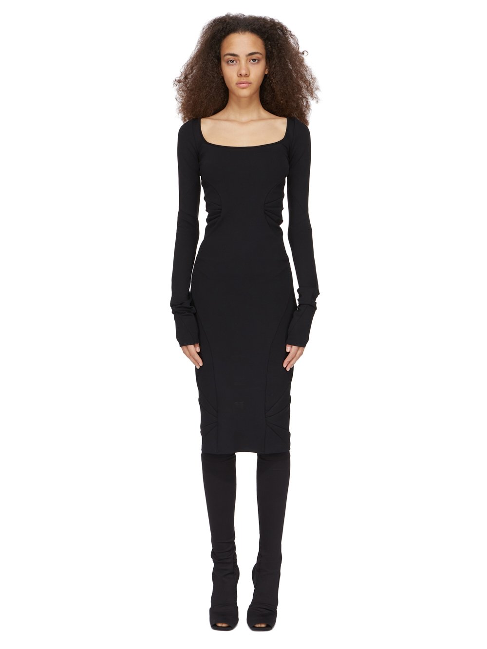 RICK OWENS LILIES FW23 LUXOR SLIP LS DRESS IN BLACK RECYCLED NYLON NEOPRENE JERSEY