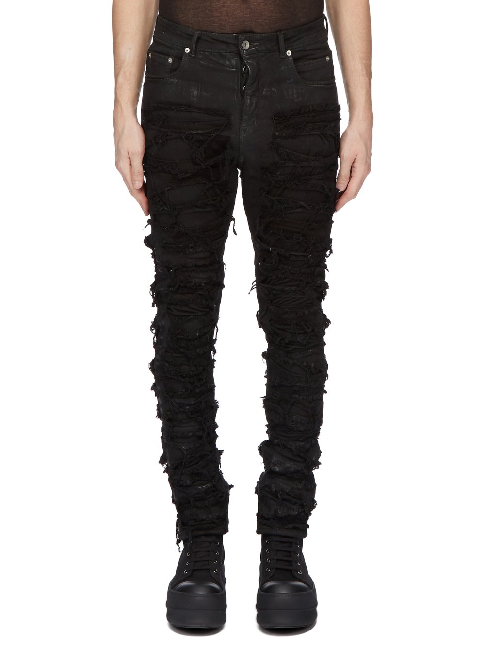 DRKSHDW FW23 LUXOR DETROIT CUT IN BLACK FOIL SLASH STRETCH DENIM