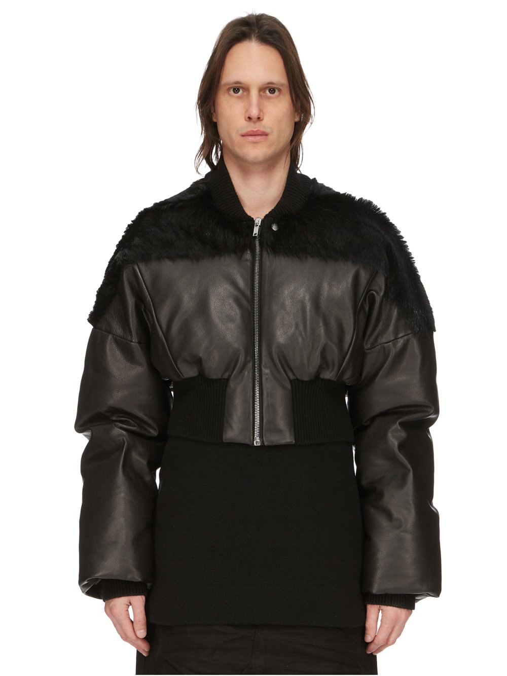 RICK OWENS FW23 LUXOR RUNWAY FLIGHT JKT CROPPED IN BLACK UNSHAVED COW LEATHER AND SOFT GRAIN COW LEATHER