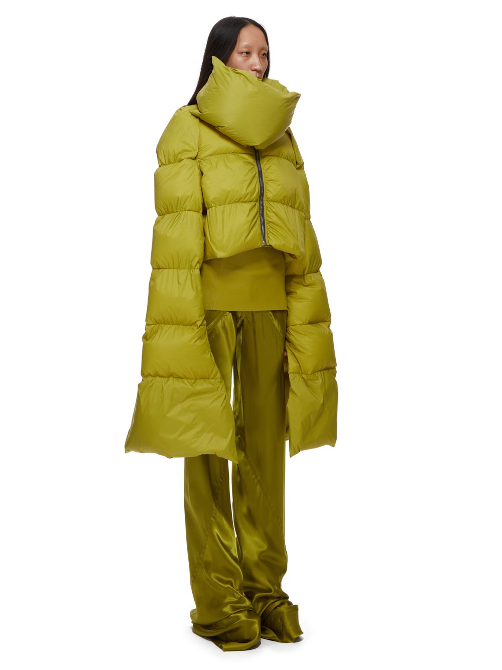 RICK OWENS FW23 LUXOR BABEL MOUNTAIN DUVET CROPPED IN ACID YELLOW RECYCLED NYLON