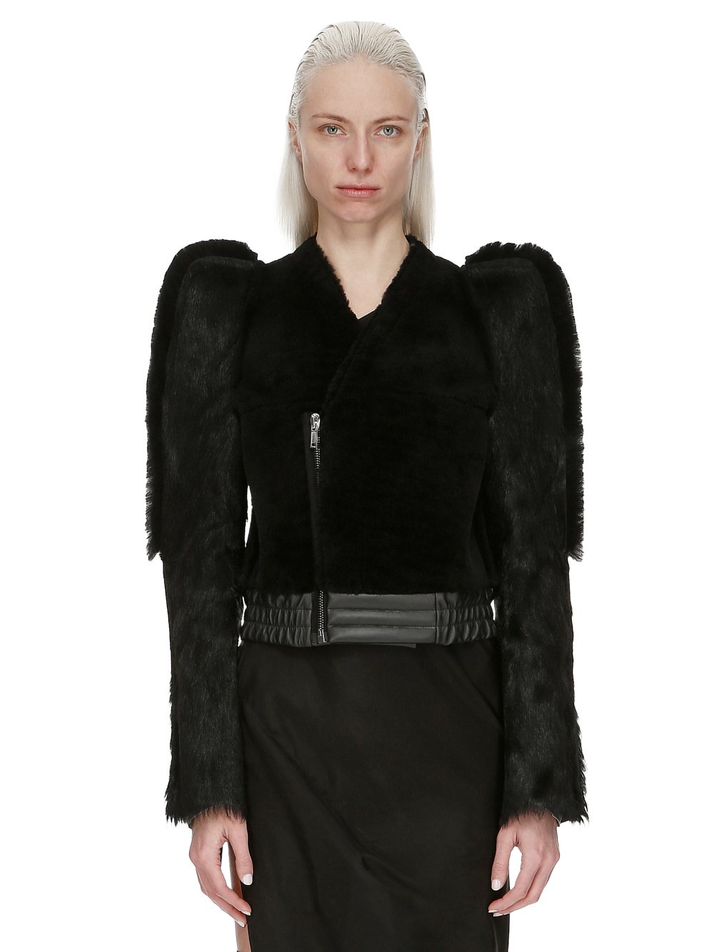 RICK OWENS FW23 LUXOR ZIONIC FLANGED BOMBER IN  BLACK BUTTER LAMB SHEARLING, LONG HAIR PONY AND GOAT FUR