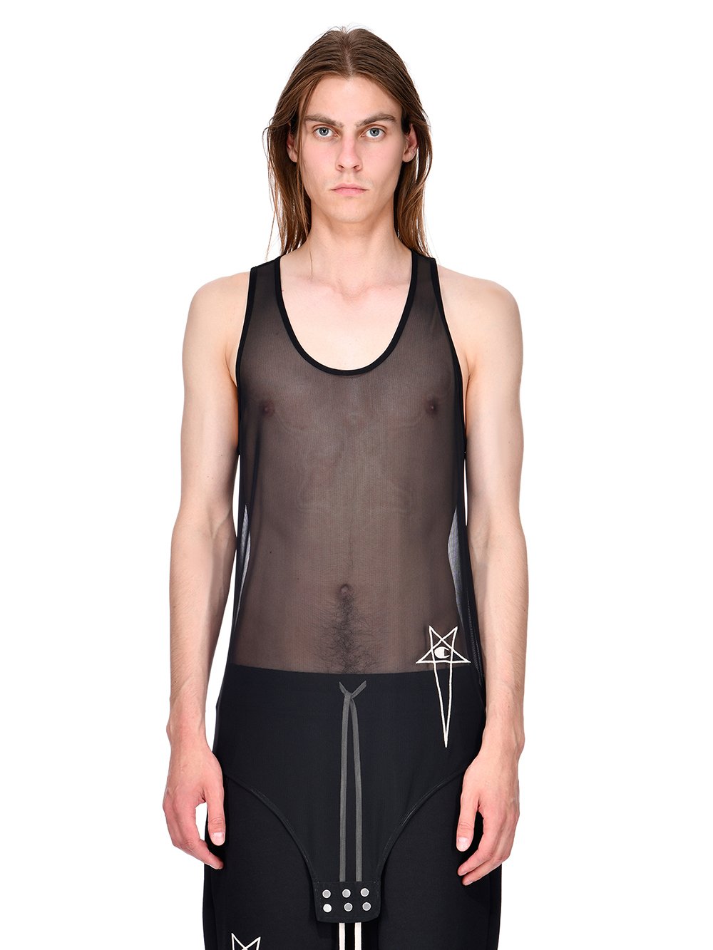 CHAMPION X RICK OWENS BASKETBALL TANK IN BLACK RECYCLED NYLON MICROMESH