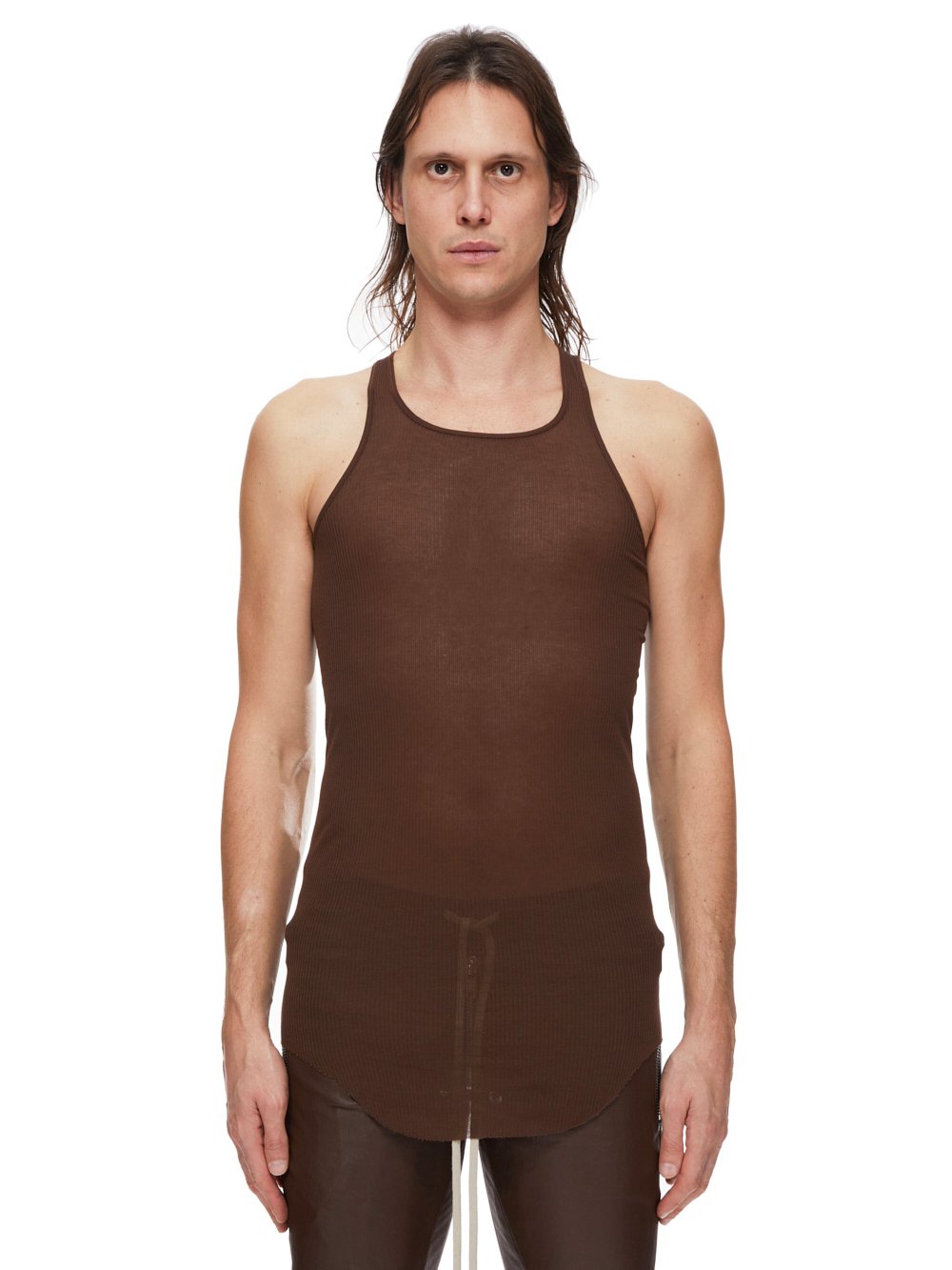 RICK OWENS FW23 LUXOR BASIC RIB TANK IN BROWN VISCOSE SILK RIB JERSEY