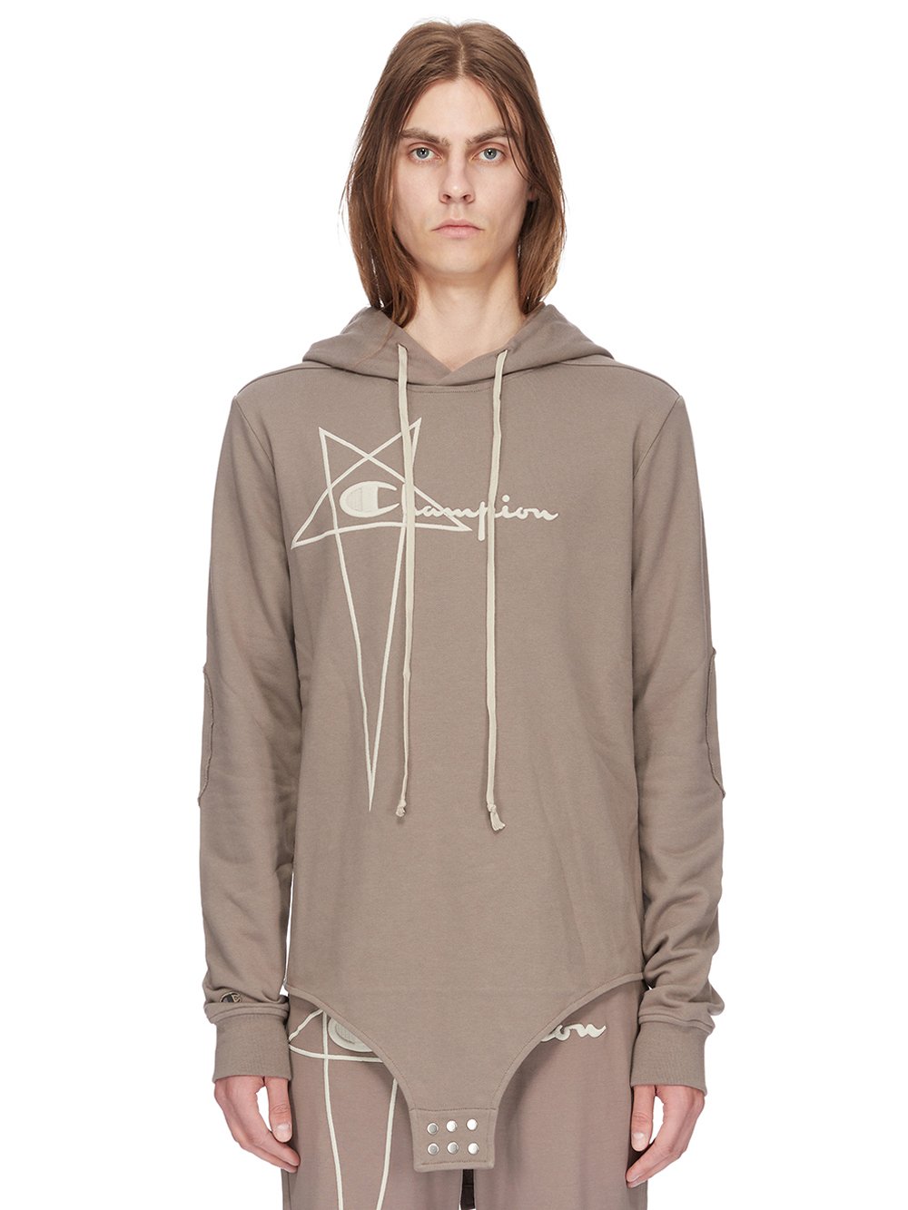 CHAMPION X RICK OWENS HOODED BODY IN DUST GREY COMPACT COTTON FELPA