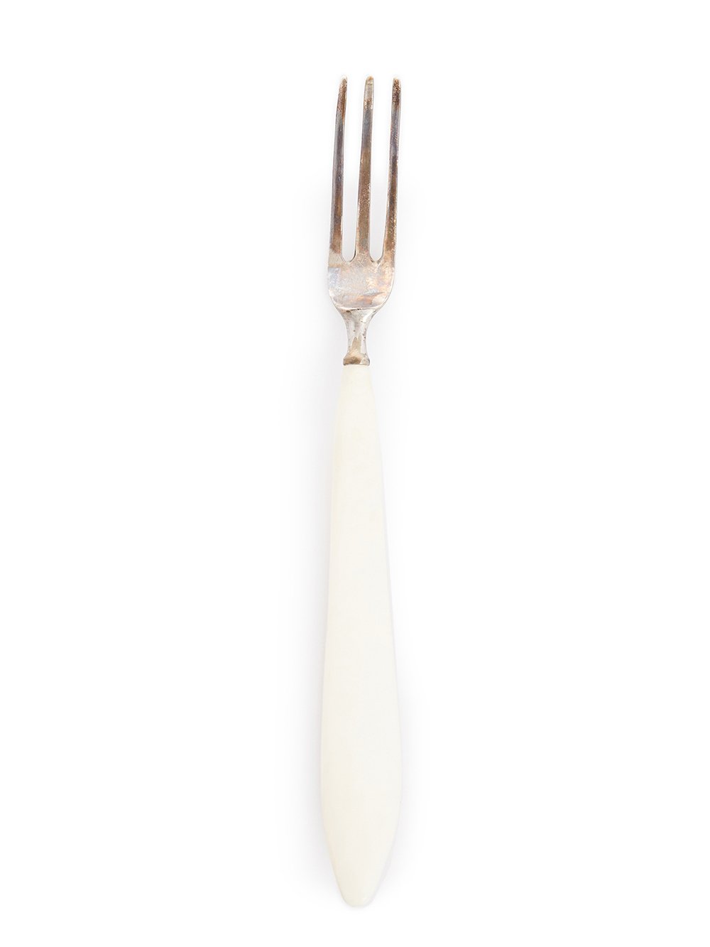 RICK OWENS DESSERT FORK FEATURES A THREE TINE STERLING SILVER TOP AND A NATURAL COLOR BONE HANDLE. RICK OWENS DESSERT FORK FEATURES A THREE TINE STERLING SILVER TOP AND A NATURAL COLOR BONE HANDLE.