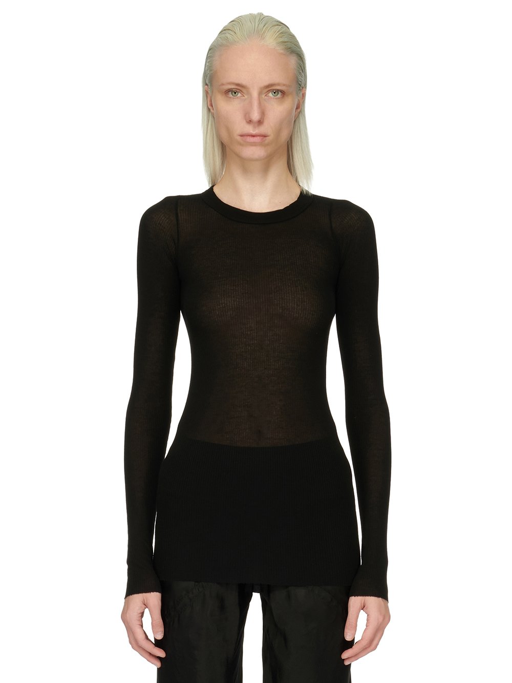 RICK OWENS FOREVER RIB LS T IN BLACK VISCOSE SILK RIB JERSEY