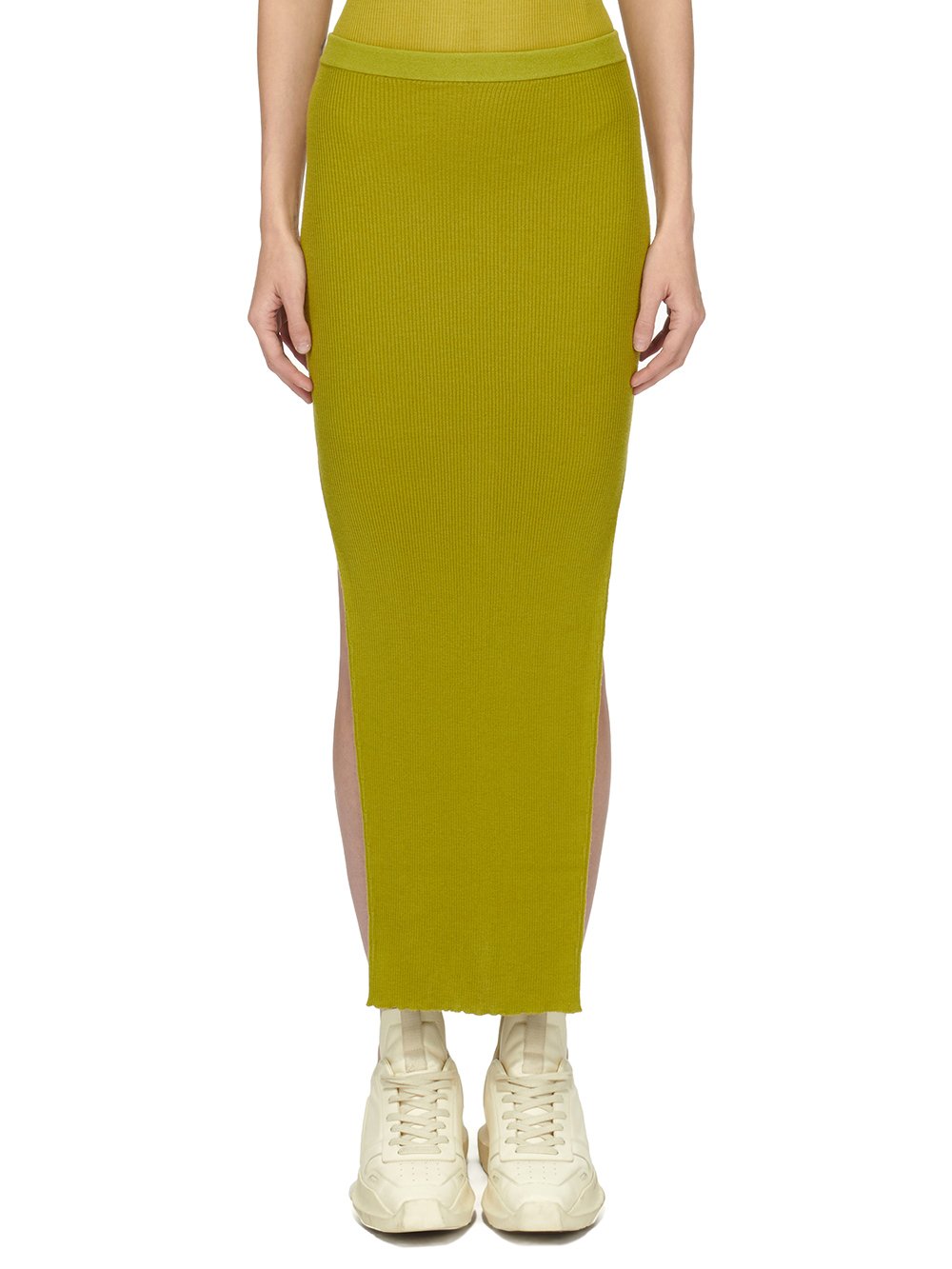 RICK OWENS FW23 LUXOR RIBBED SACRISKIRT IN ACID YELLOW LIGHTWEIGHT RIBBED KNIT