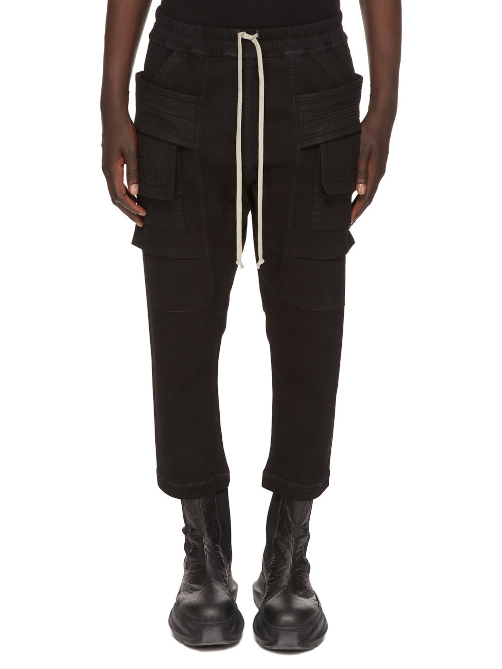 RICK OWENS FW23 LUXOR CREATCH CARGO CROPPED DRAWSTRING IN BLACKETY BLACK STRETCH DENIM