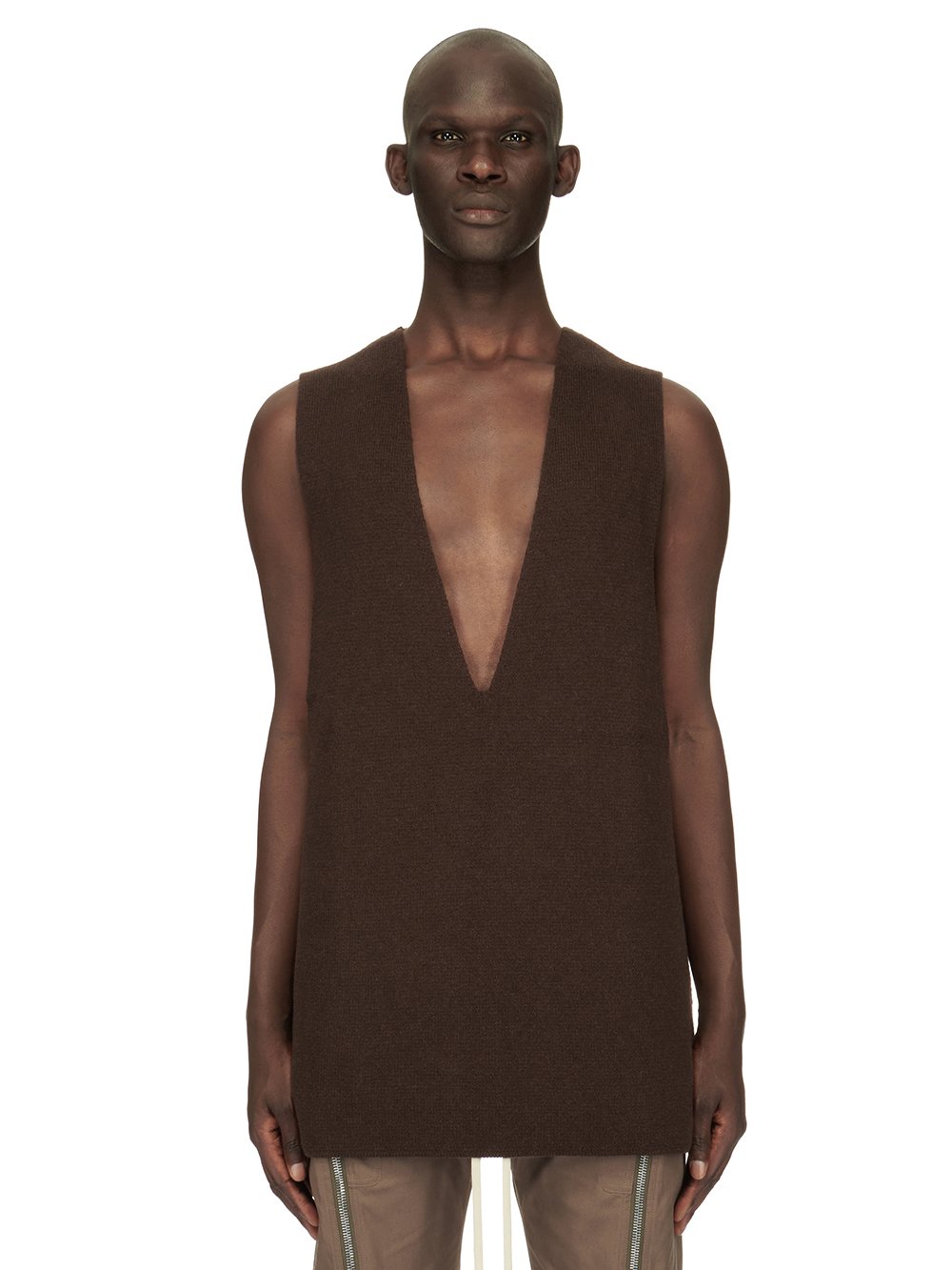 RICK OWENS FW23 LUXOR RUNWAY V TANK IN BROWN RECYCLED CASHMERE