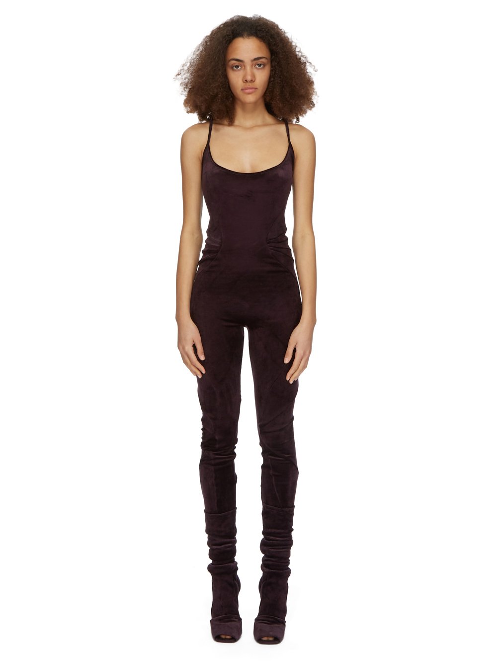 RICK OWENS LILIES FW23 LUXOR ZEPHYR BODYSUIT IN DEEP PURPLE VELVET JERSEY