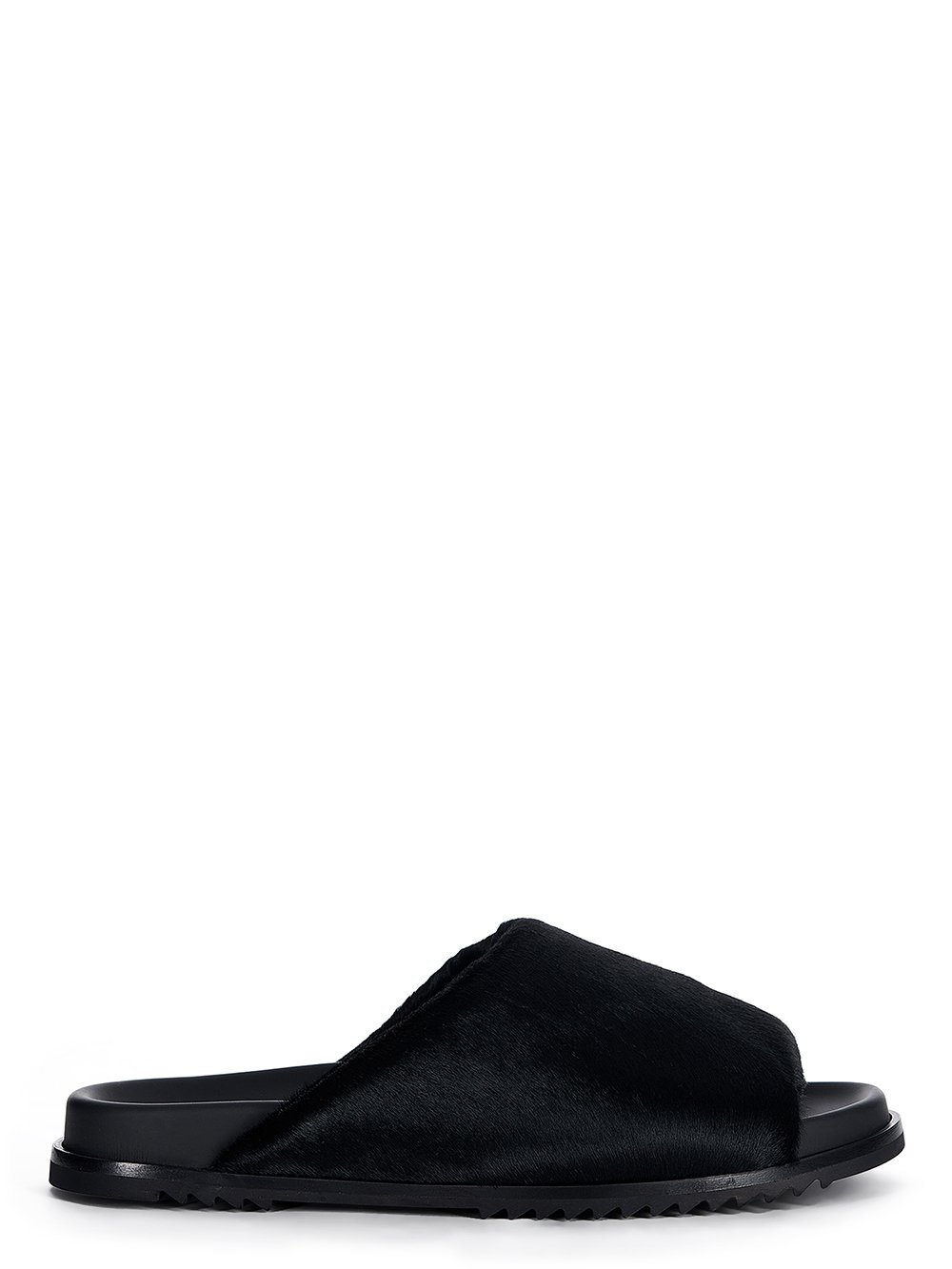 RICK OWENS FW23 LUXOR SLIDE GRANOLAS IN BLACK SOFT PONY