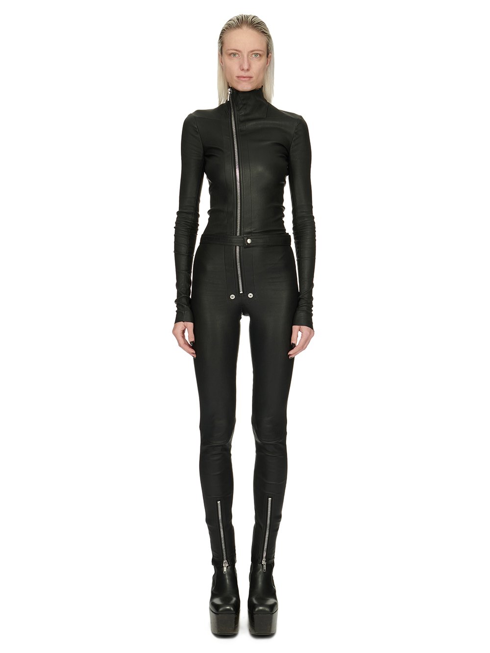 RICK OWENS FW23 LUXOR TIGHT GARY FLGHTSUIT IN BLACK STRETCH LAMB LEATHER