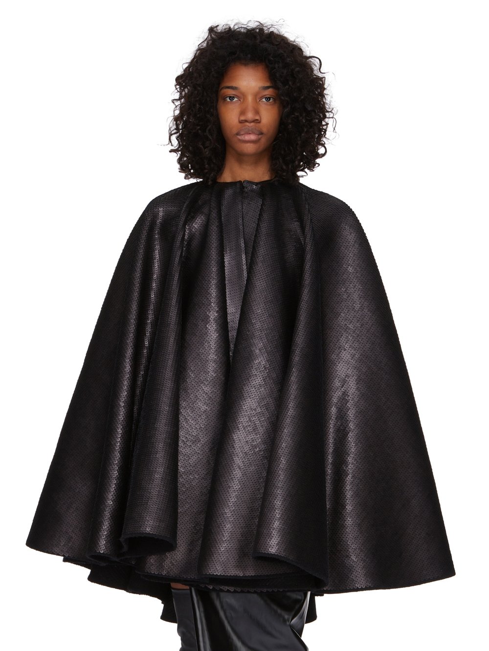RICK OWENS FW23 LUXOR RUNWAY CIRCLE CAPE IN BLACK SEQUIN EMBROIDERED BOILED WOOL