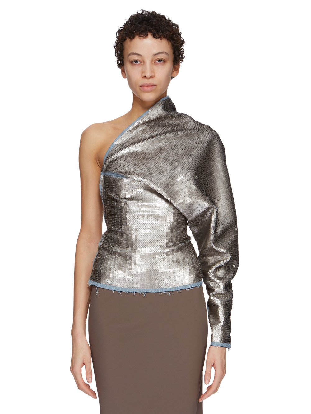 RICK OWENS FW23 LUXOR RUNWAY ONE SLEEVE TOP IN BLUE AND PEARL SEQUIN EMBROIDERED STRETCH DENIM