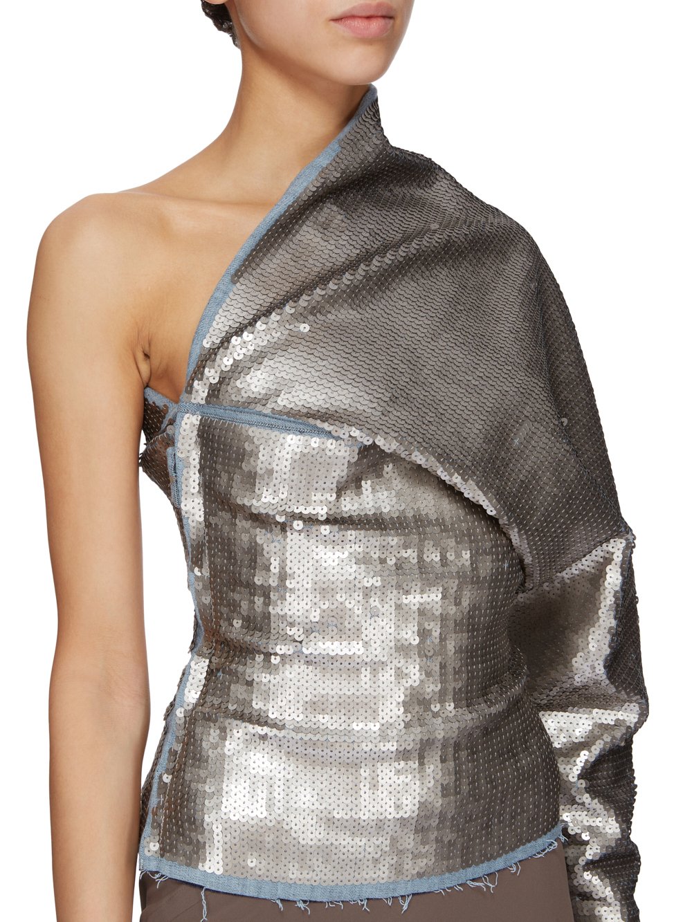 RICK OWENS FW23 LUXOR RUNWAY ONE SLEEVE TOP IN BLUE AND PEARL SEQUIN EMBROIDERED STRETCH DENIM
