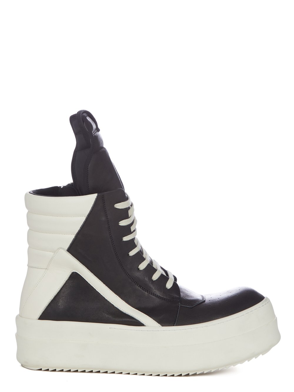 RICK OWENS FW23 LUXOR RUNWAY MEGA BUMPER GEOBASKET IN BLACK AND MILK GROPPONE NAPPA LEATHER