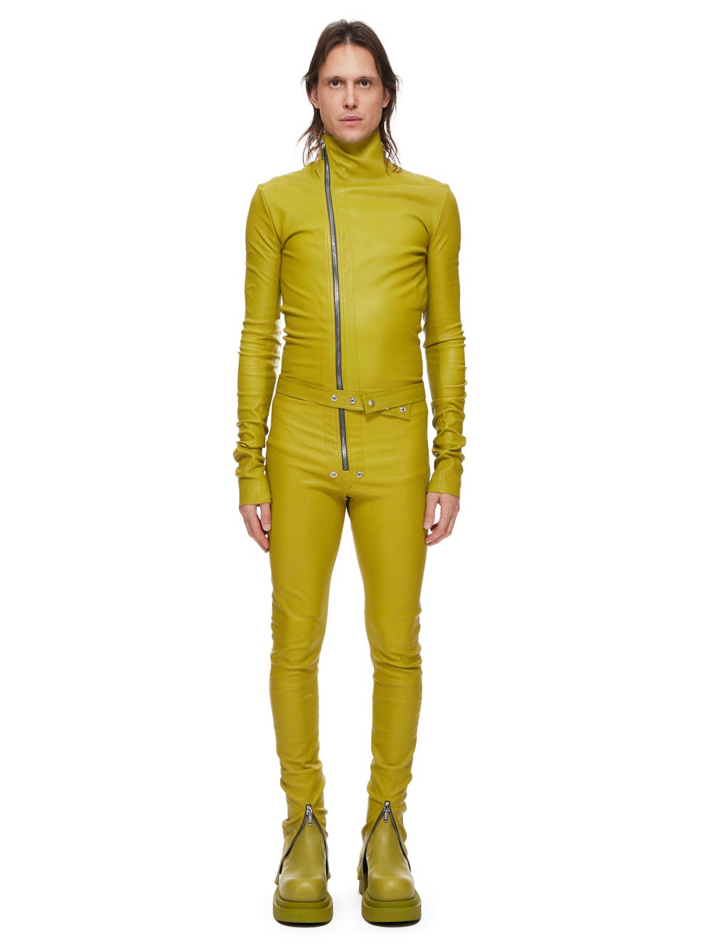 RICK OWENS FW23 LUXOR TIGHT GARY FLGHTSUIT IN ACID YELLOW STRETCH LAMB LEATHER