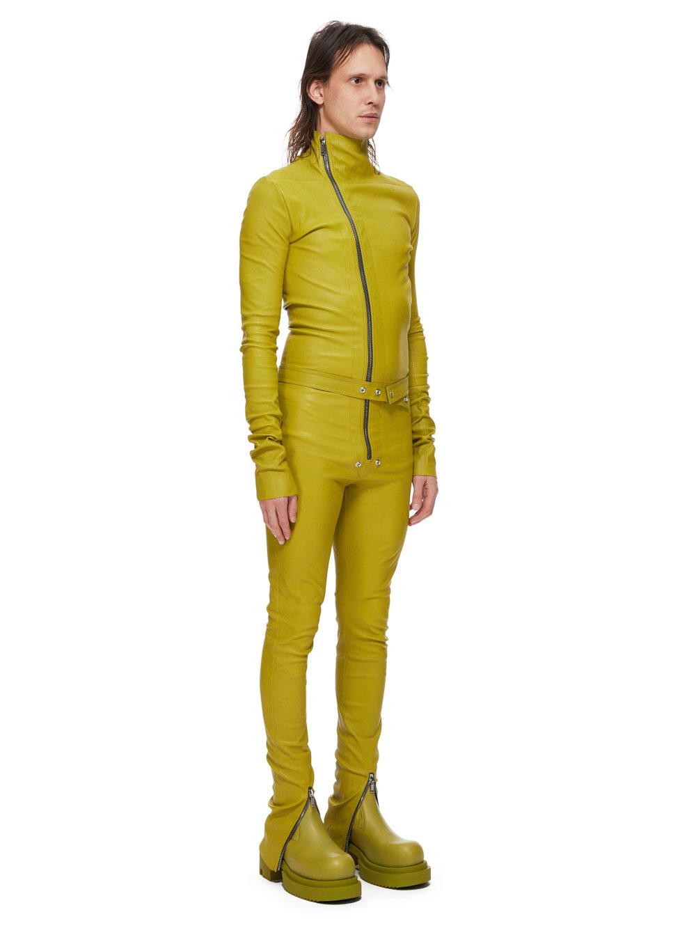 RICK OWENS FW23 LUXOR TIGHT GARY FLGHTSUIT IN ACID YELLOW STRETCH LAMB LEATHER