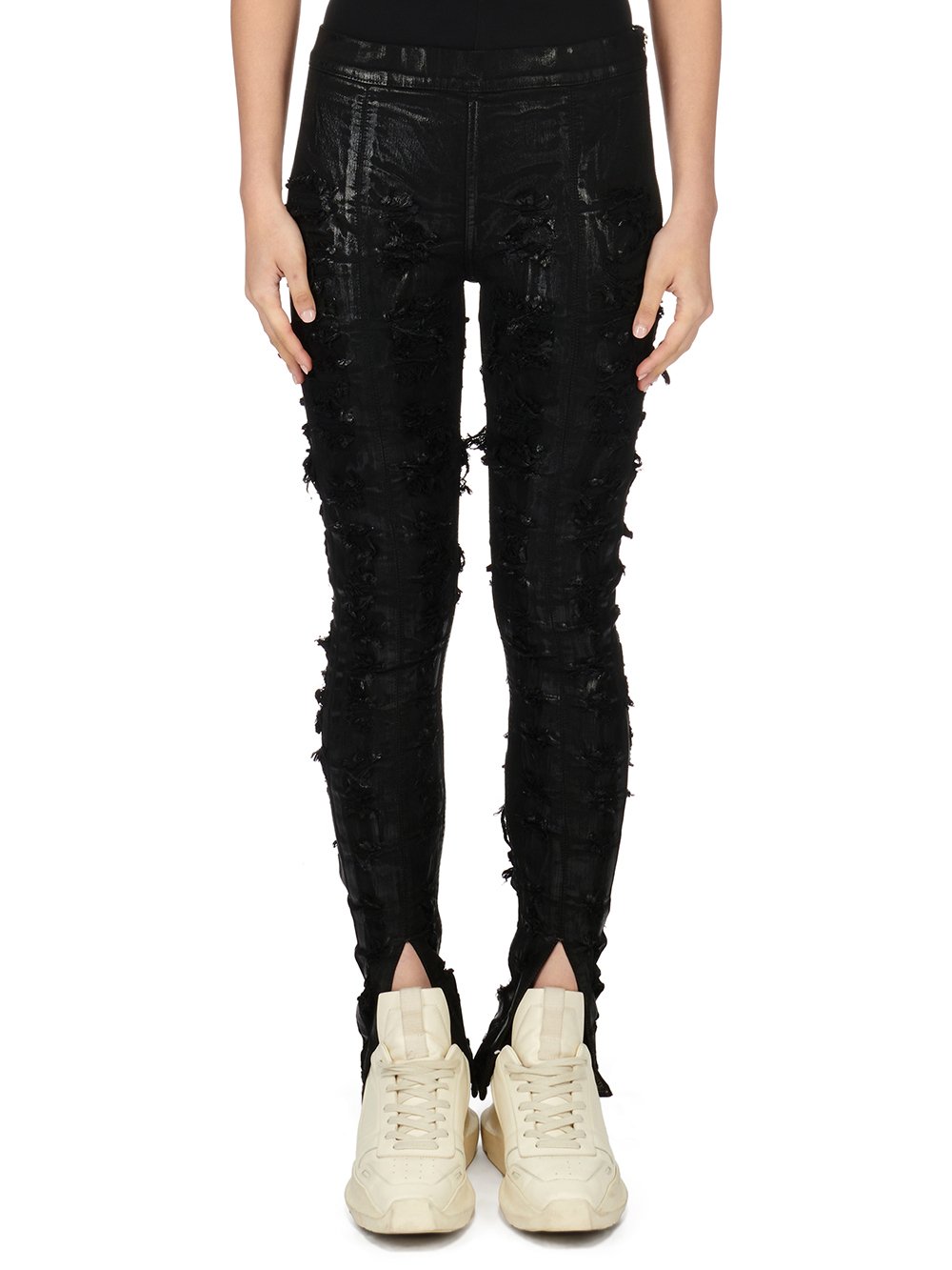 RICK OWENS FW23 LUXOR SLIT FRONT LEGGING IN BLACK FOIL SLASH STRETCH DENIM