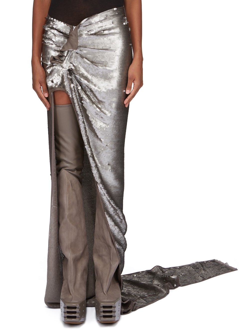 RICK OWENS FW23 LUXOR RUNWAY EDFU SKIRT RUNWAY LENGTH IN DUST AND PEARL SEQUIN EMBROIDERED SILK CHIFFON