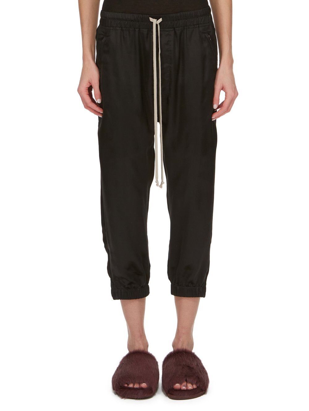 RICK OWENS FW23 LUXOR CROPPED TRACK IN BLACK CUPRO SATIN
