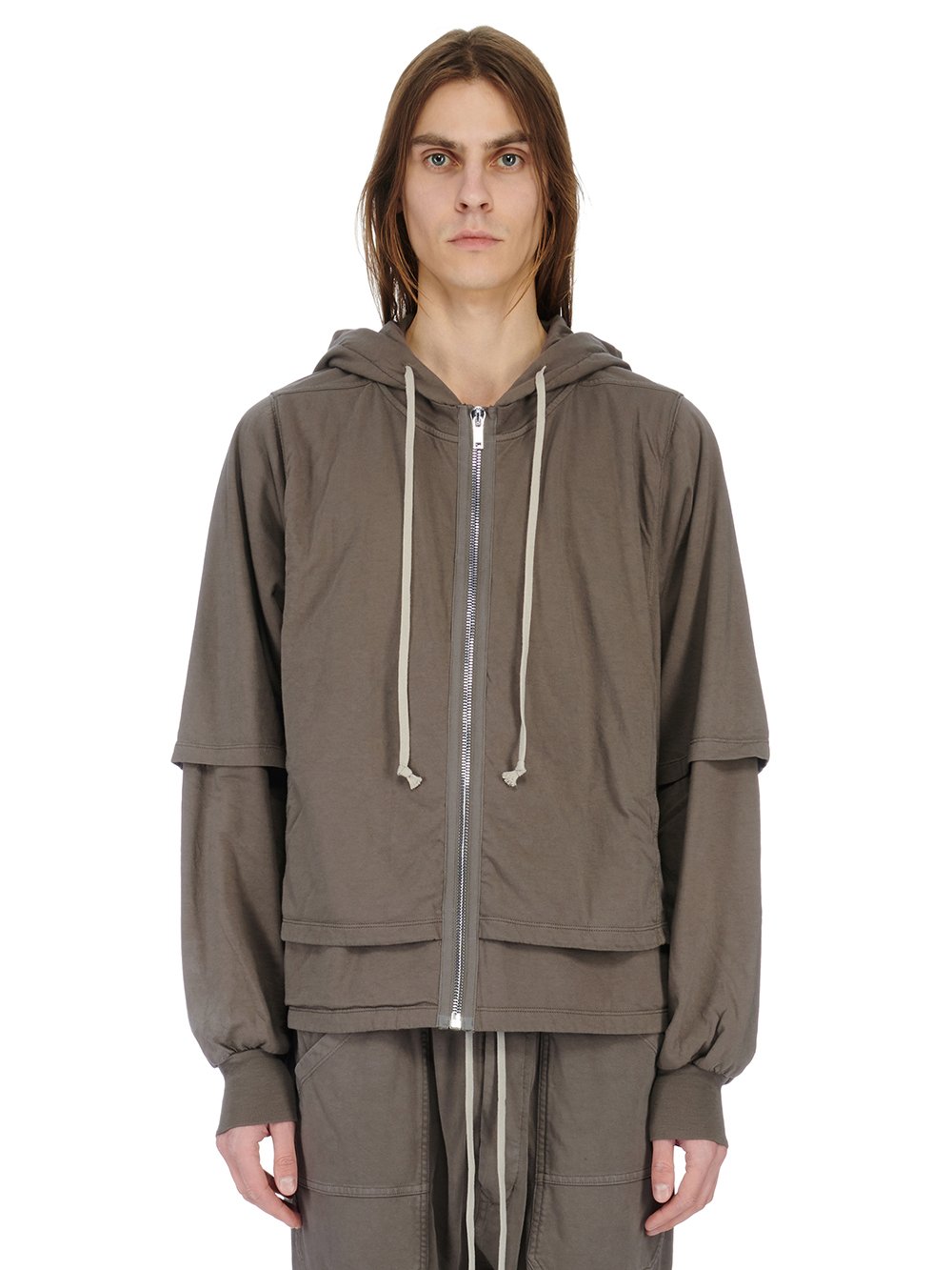 RICK OWENS FW23 LUXOR ZIPPED HUSTLER HOODIE IN DUST MEDIUM WEIGHT COTTON JERSEY RICK OWENS FW23 LUXOR ZIPPED HUSTLER HOODIE IN DUST MEDIUM WEIGHT COTTON JERSEY