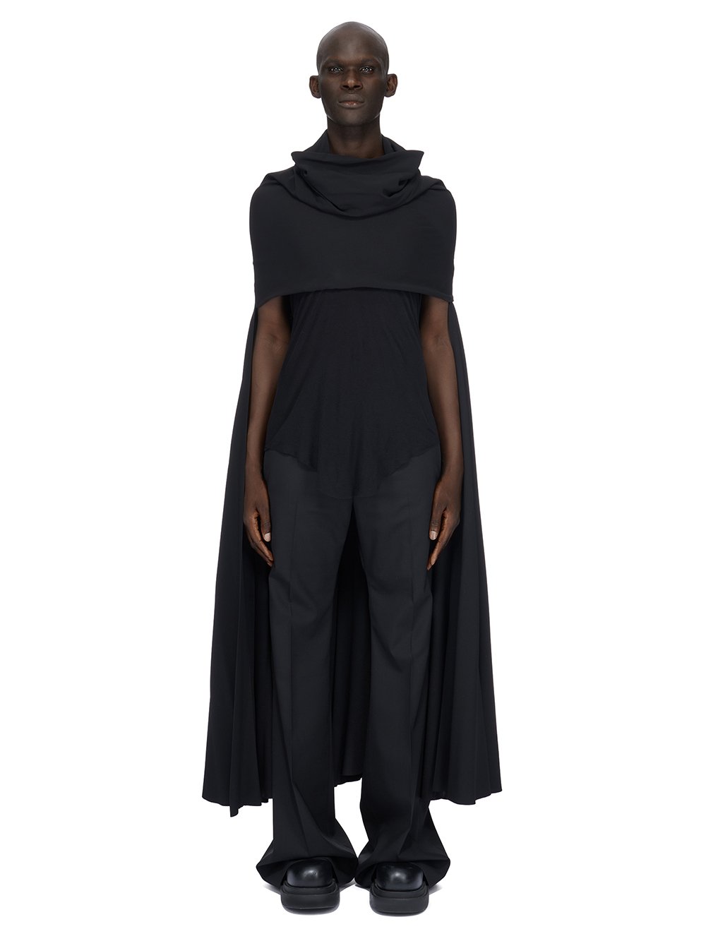 RICK OWENS FW23 LUXOR RUNWAY COWL HALF CAPE IN BLACK HEAVY CADY