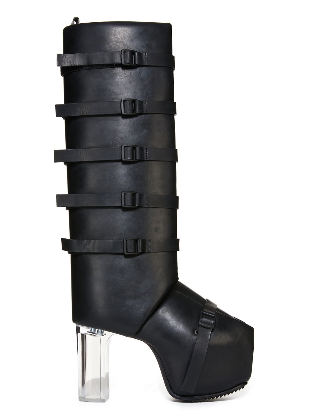 RICK OWENS FW23 LUXOR RUNWAY OPEN TOE MICROSTRAP SPLINT PLATFORMS 45 IN BLACK GROPPONE COW LEATHER