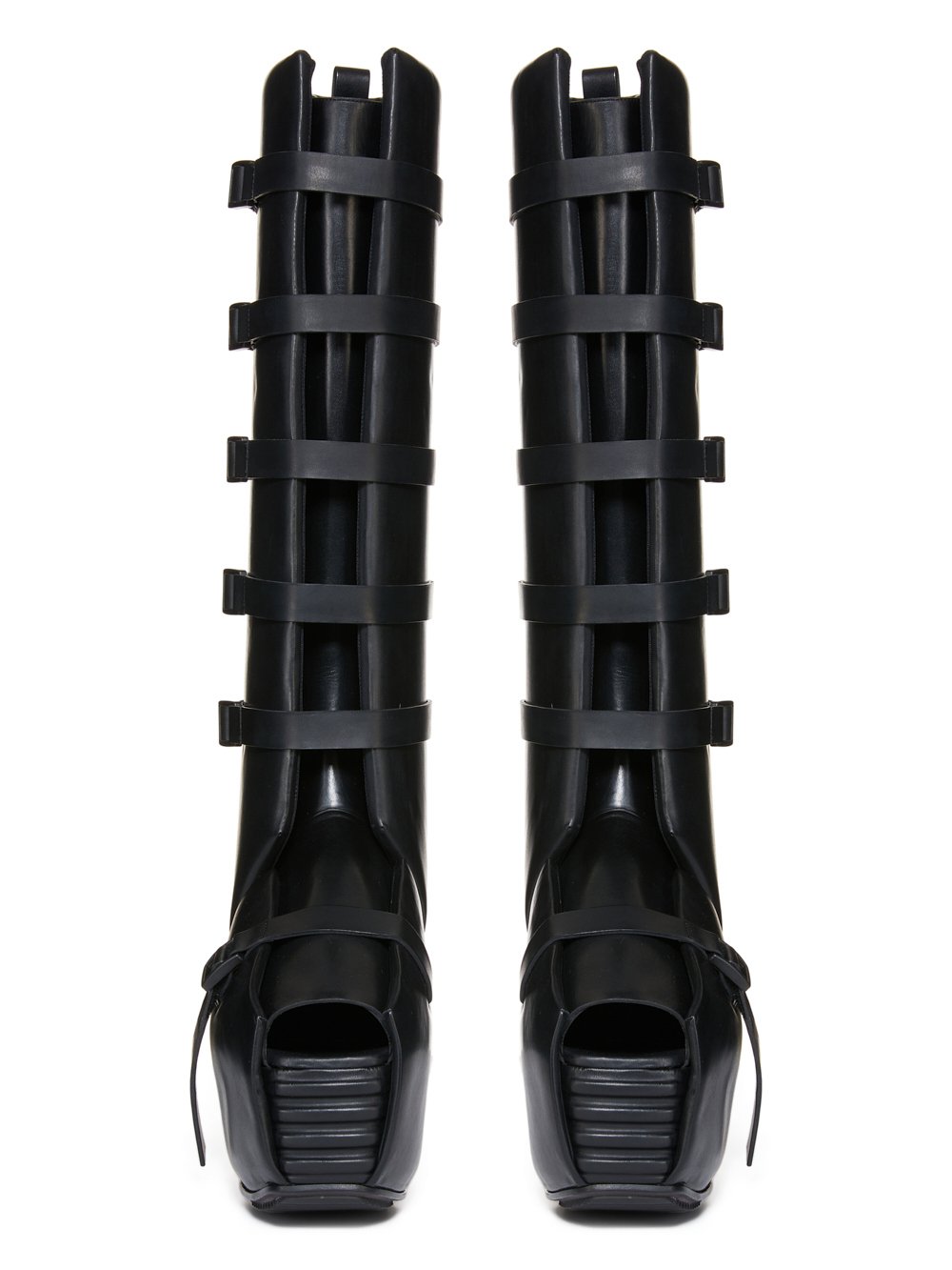 RICK OWENS FW23 LUXOR RUNWAY OPEN TOE MICROSTRAP SPLINT PLATFORMS 45 IN BLACK GROPPONE COW LEATHER