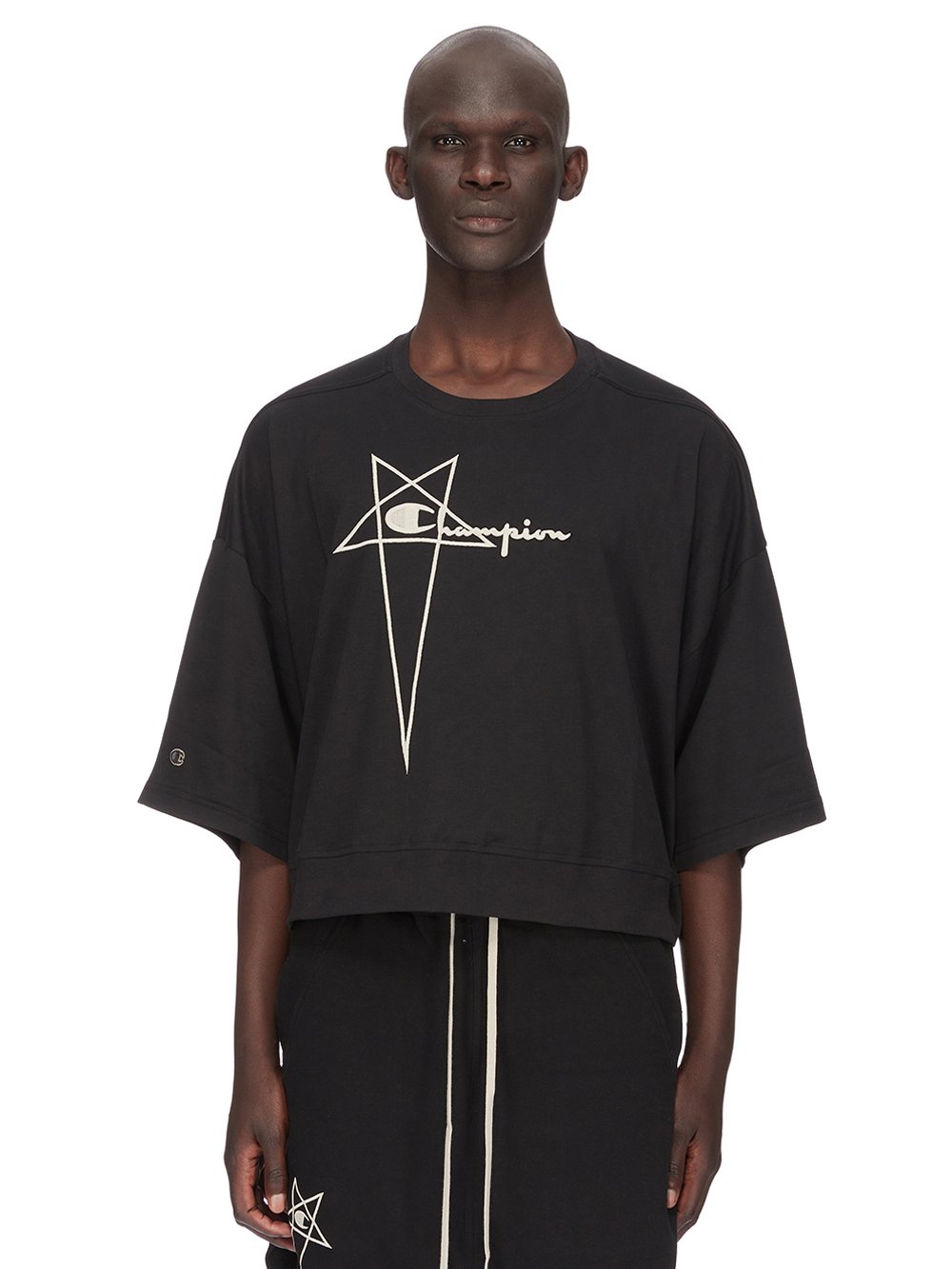 CHAMPION X RICK OWENS TOMMY T CROPPED IN BLACK MEDIUM WEIGHT COTTON JERSEY 