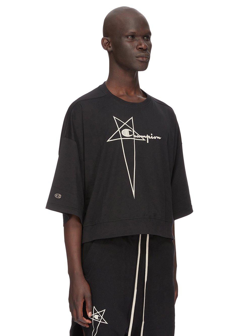 CHAMPION X RICK OWENS TOMMY T CROPPED IN BLACK MEDIUM WEIGHT COTTON JERSEY 
