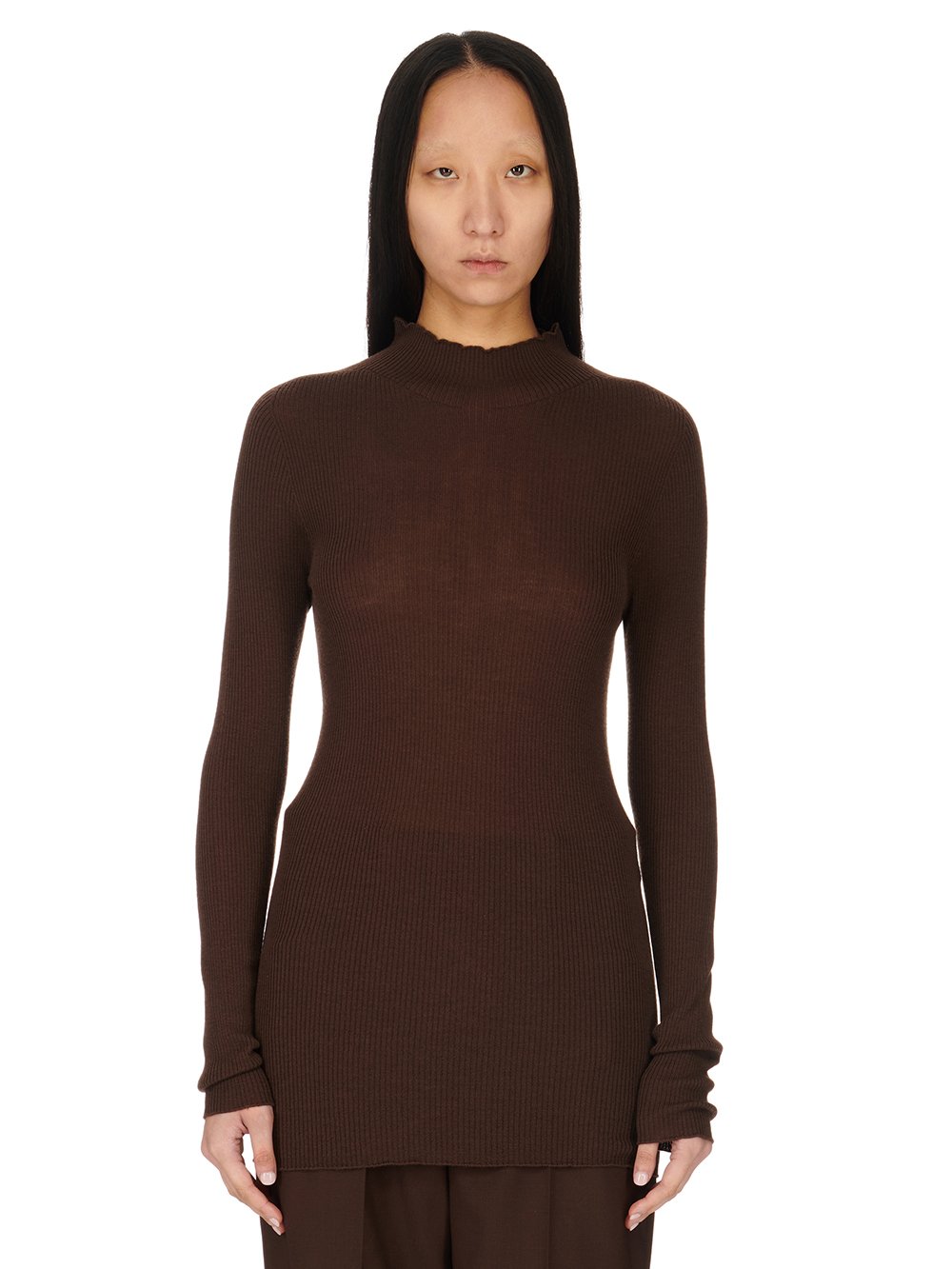 RICK OWENS FW23 LUXOR RIBBED LUPETTO IN BROWN LIGHTWEIGHT RIBBED KNIT