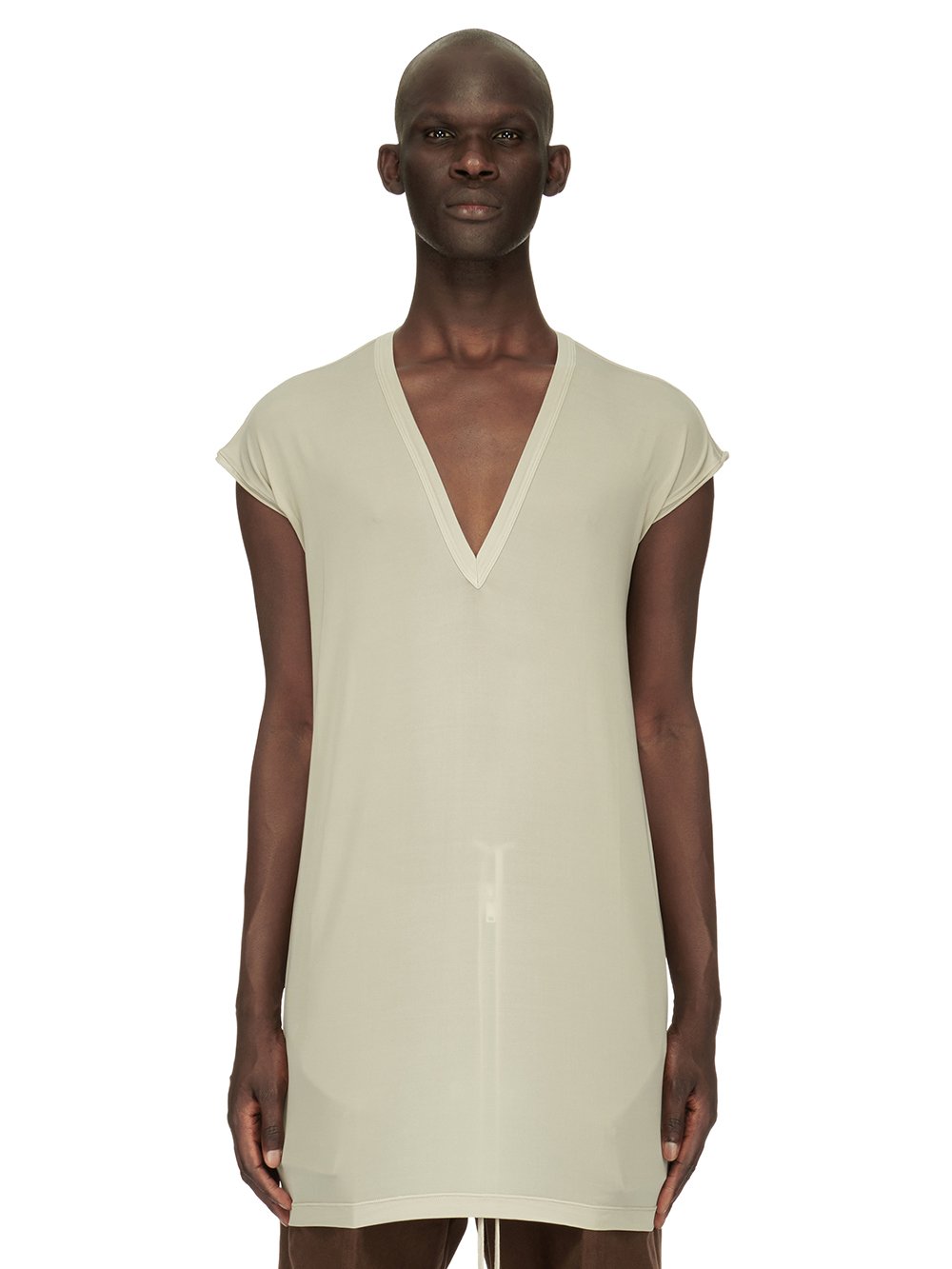 RICK OWENS FW23 LUXOR DEEP V NECK SS T IN PEARL HEAVY STRETCH CUPRO JERSEY