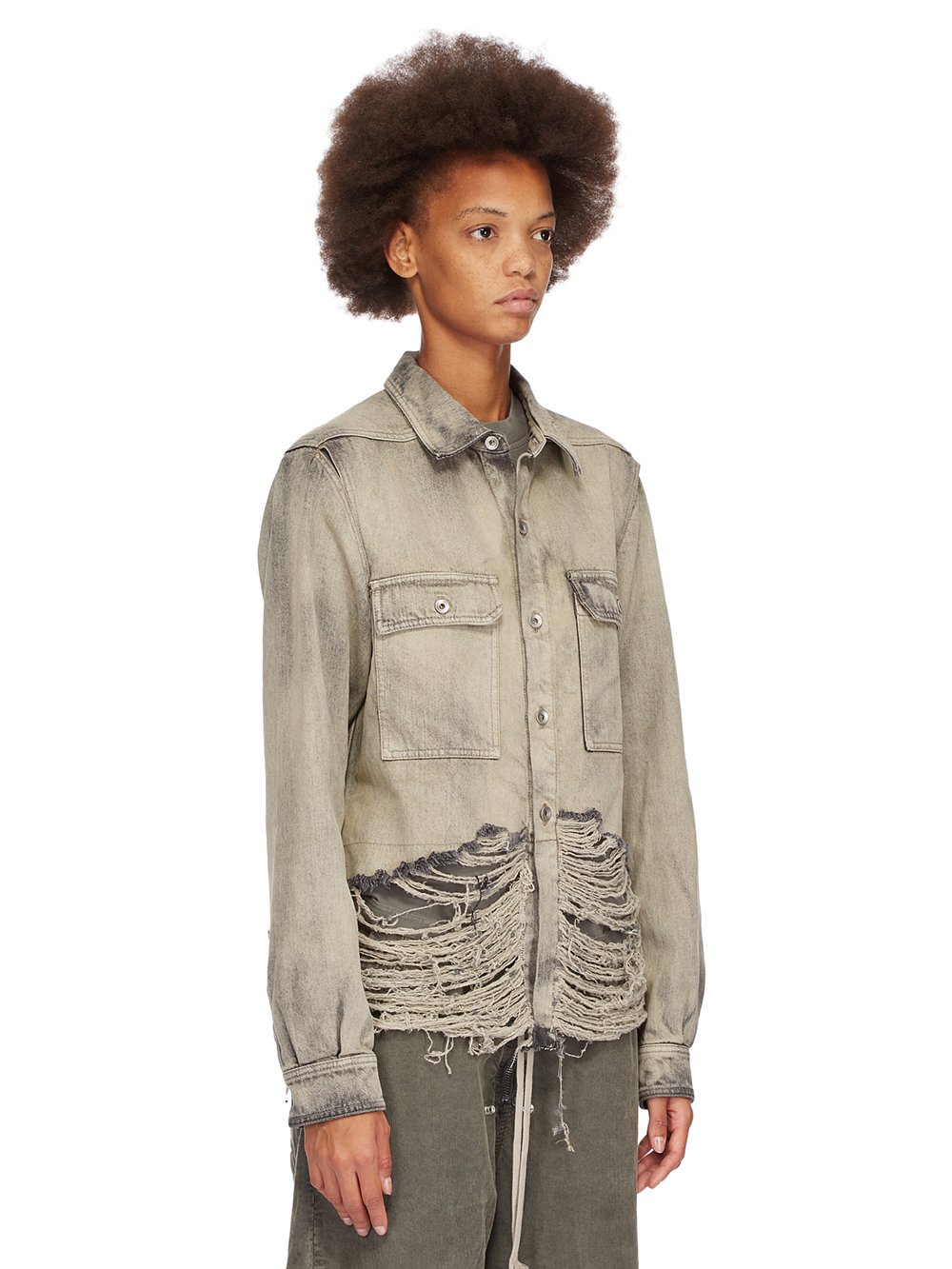 DRKSHDW FW23 LUXOR CAPE SLEEVE CROPPED OUTERSHIRT IN 13OZ MINERAL PEARL DENIM