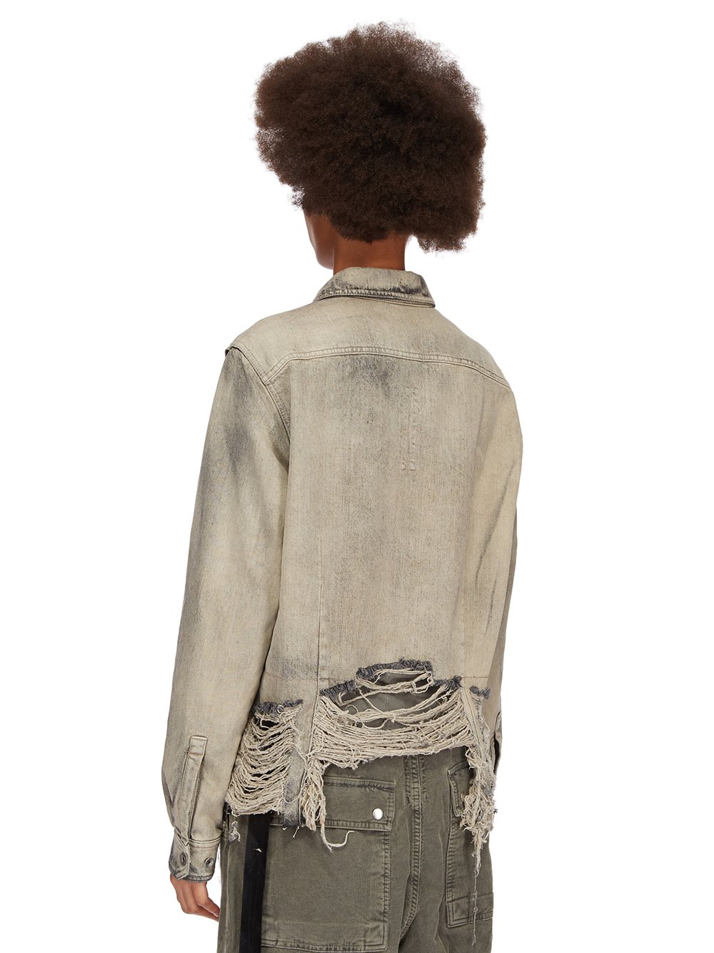DRKSHDW FW23 LUXOR CAPE SLEEVE CROPPED OUTERSHIRT IN 13OZ MINERAL PEARL DENIM