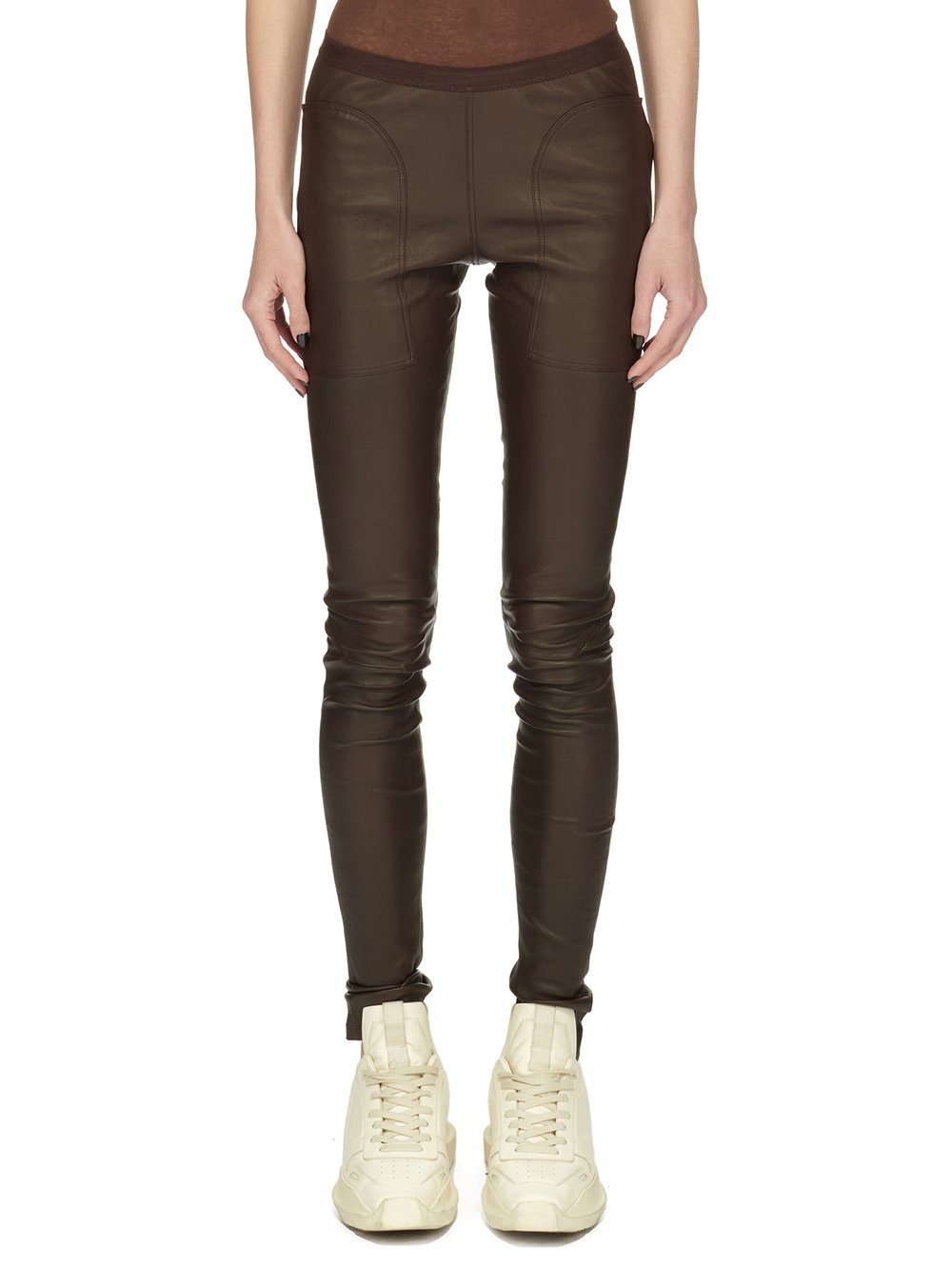 RICK OWENS FW23 LUXOR LEGGINGS IN BROWN STRETCH LAMB LEATHER