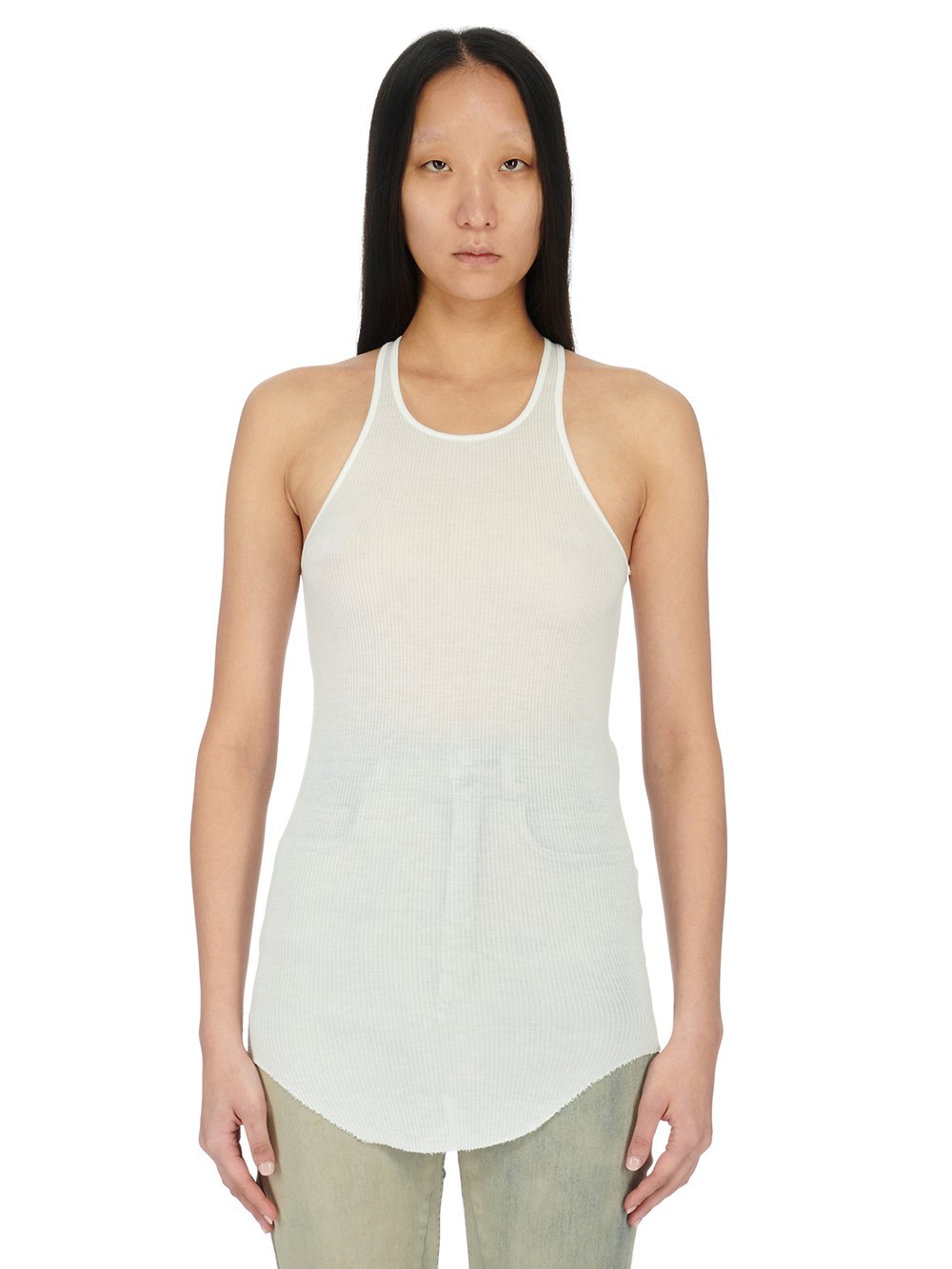 RICK OWENS FW23 LUXOR RUNWAY BASIC RIB TANK IN VISCOSE SILK RIB JERSEY