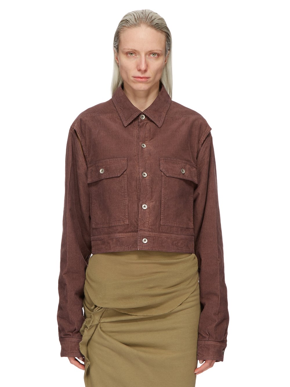 DRKSHDW FW23 LUXOR CAPE SLEEVE CROPPED OUTERSHIRT IN MAUVE COTTON CORDUROY