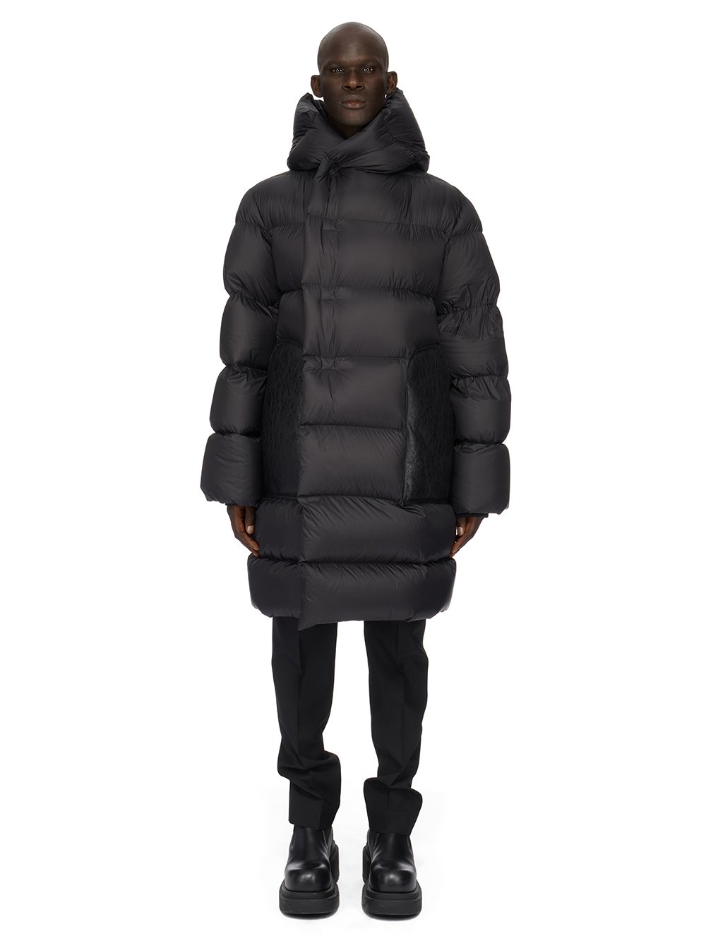 RICK OWENS FW23 LUXOR LS HOODED LINER IN BLACK RECYCLED NYLON AND BUTTER LAMB SHEARLING