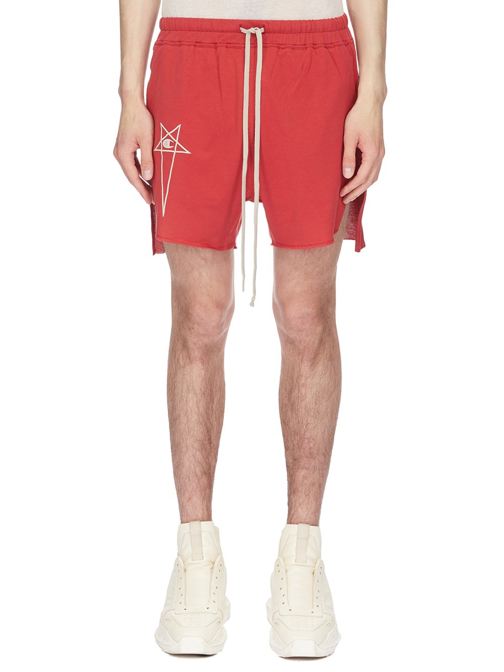 CHAMPION X RICK OWENS DOLPHIN BOXERS IN CARNELIAN RED MEDIUM WEIGHT COTTON JERSEY 