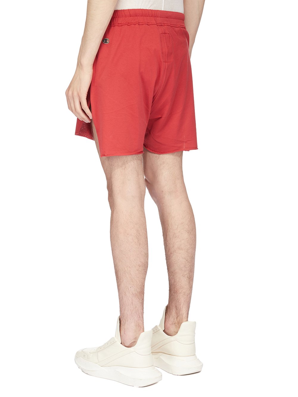 CHAMPION X RICK OWENS DOLPHIN BOXERS IN CARNELIAN RED MEDIUM WEIGHT COTTON JERSEY 