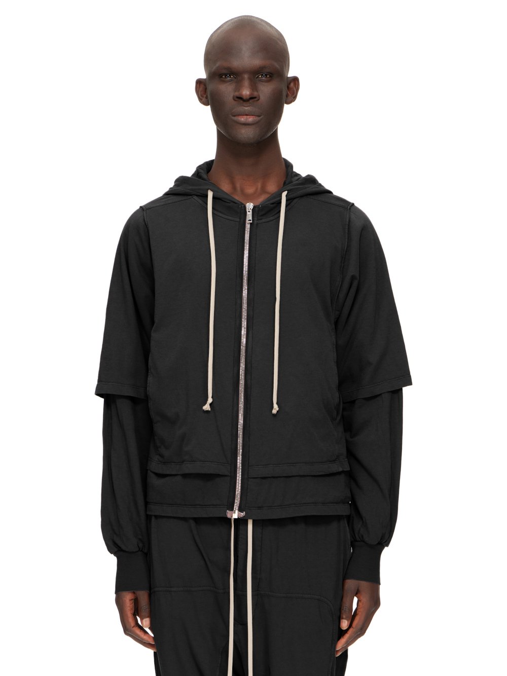 RICK OWENS FW23 LUXOR ZIPPED HUSTLER HOODIE IN BLACK MEDIUM WEIGHT COTTON JERSEY 